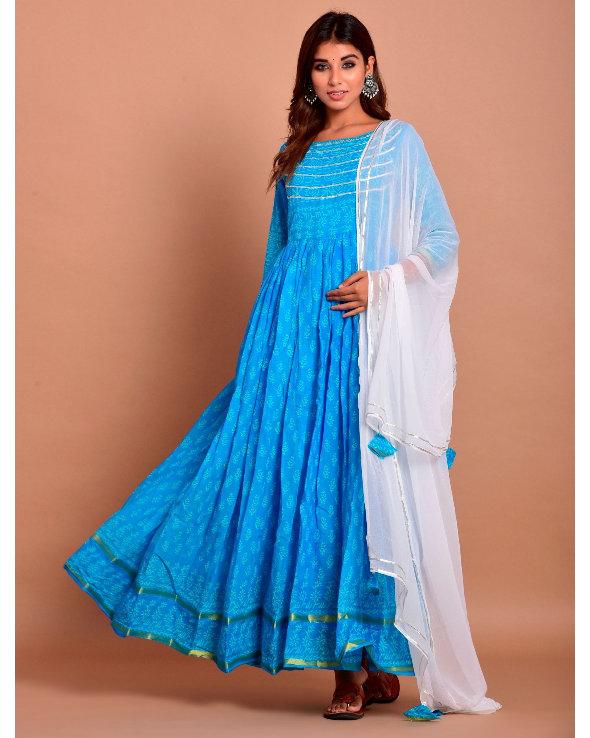 Deep blue floral block printed gota dress with dupatta Set Of Two by