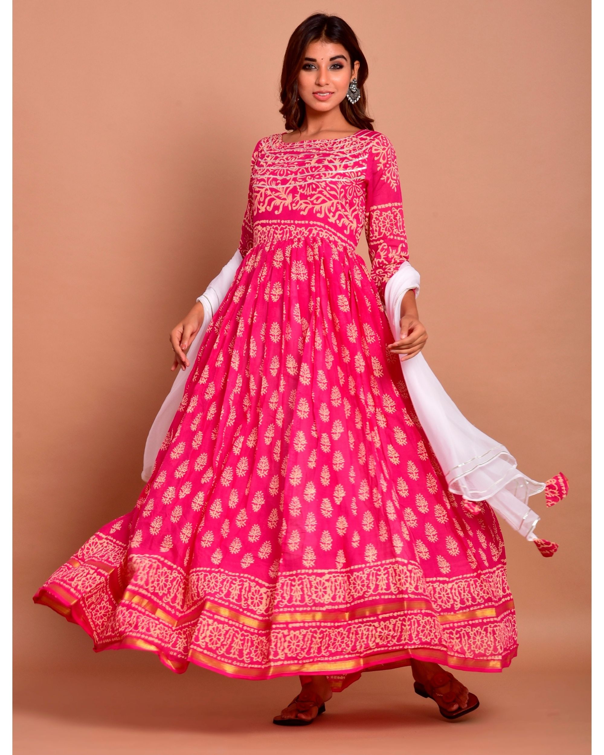 Pink floral block printed gota dress with dupatta Set Of Two by