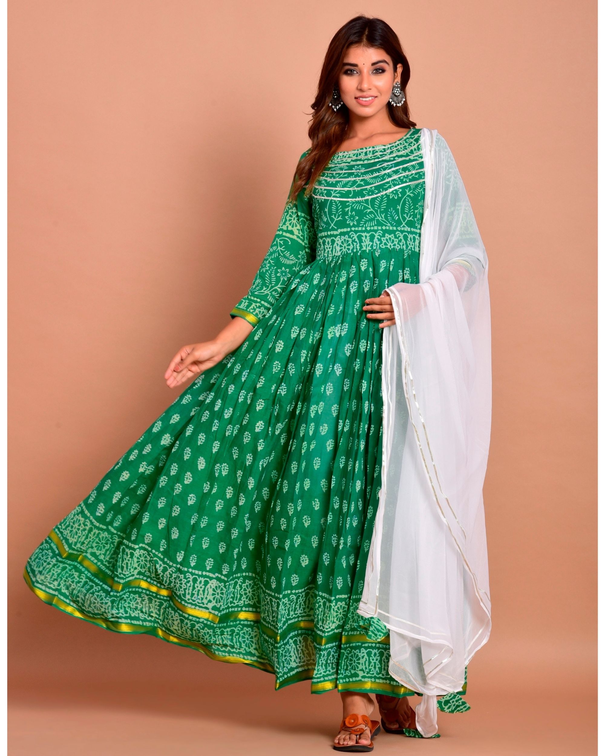 Green floral block printed gota dress with dupatta Set Of Two by