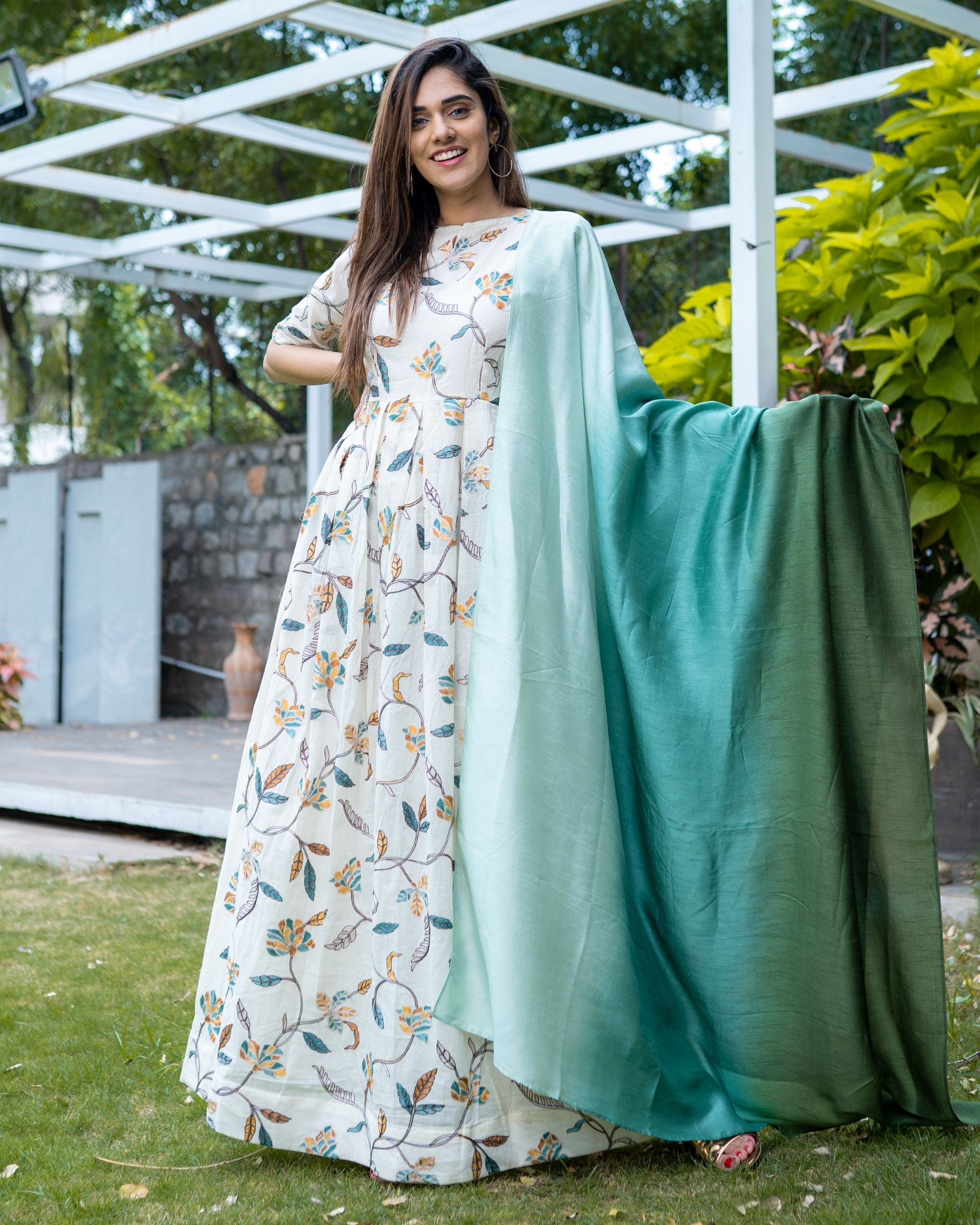 Floral embroidered box pleated dress with green ombre dupatta - Set Of Two