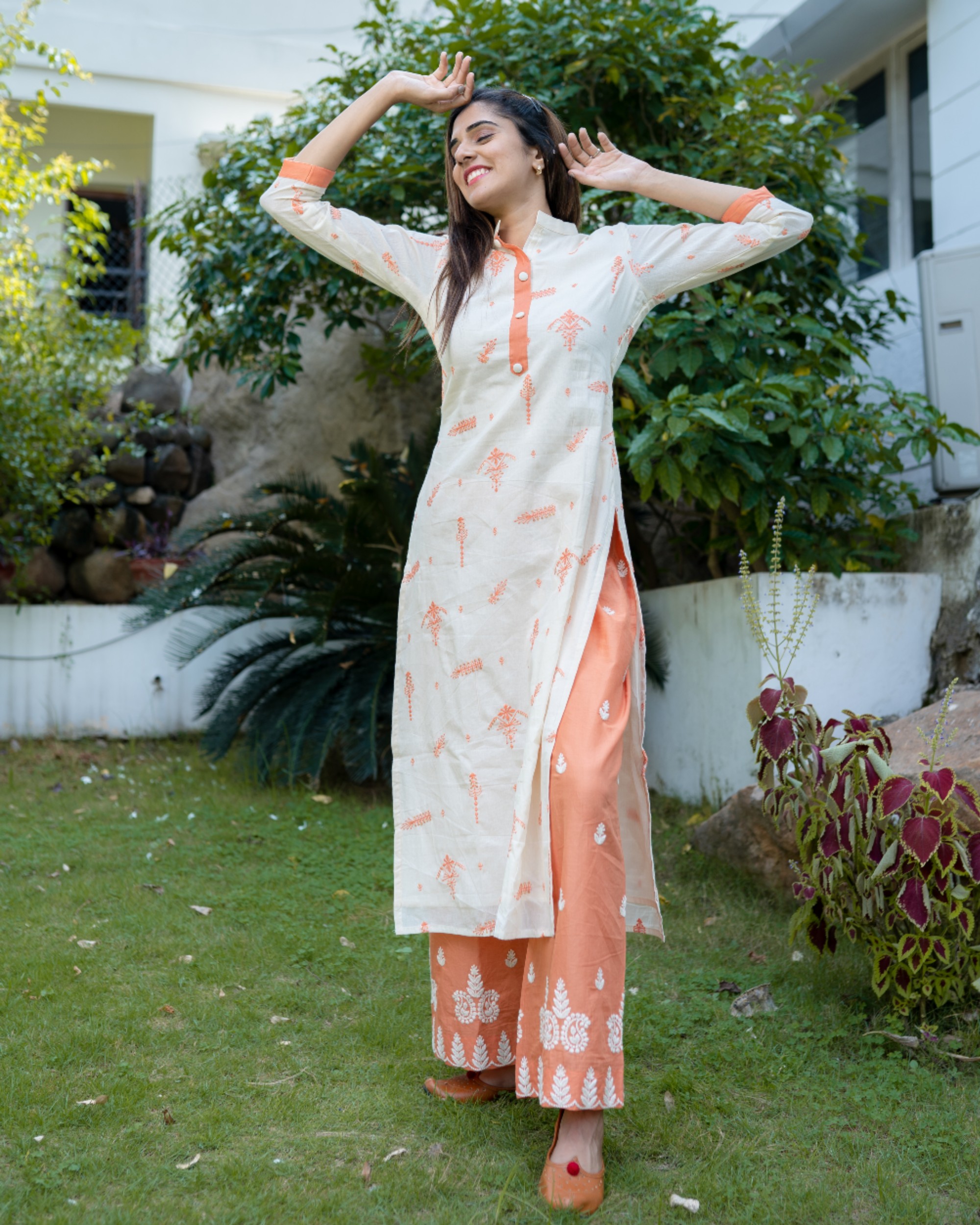 Off white and tangerine embroidered kurta and pants - Set Of Two by The  Weave Story