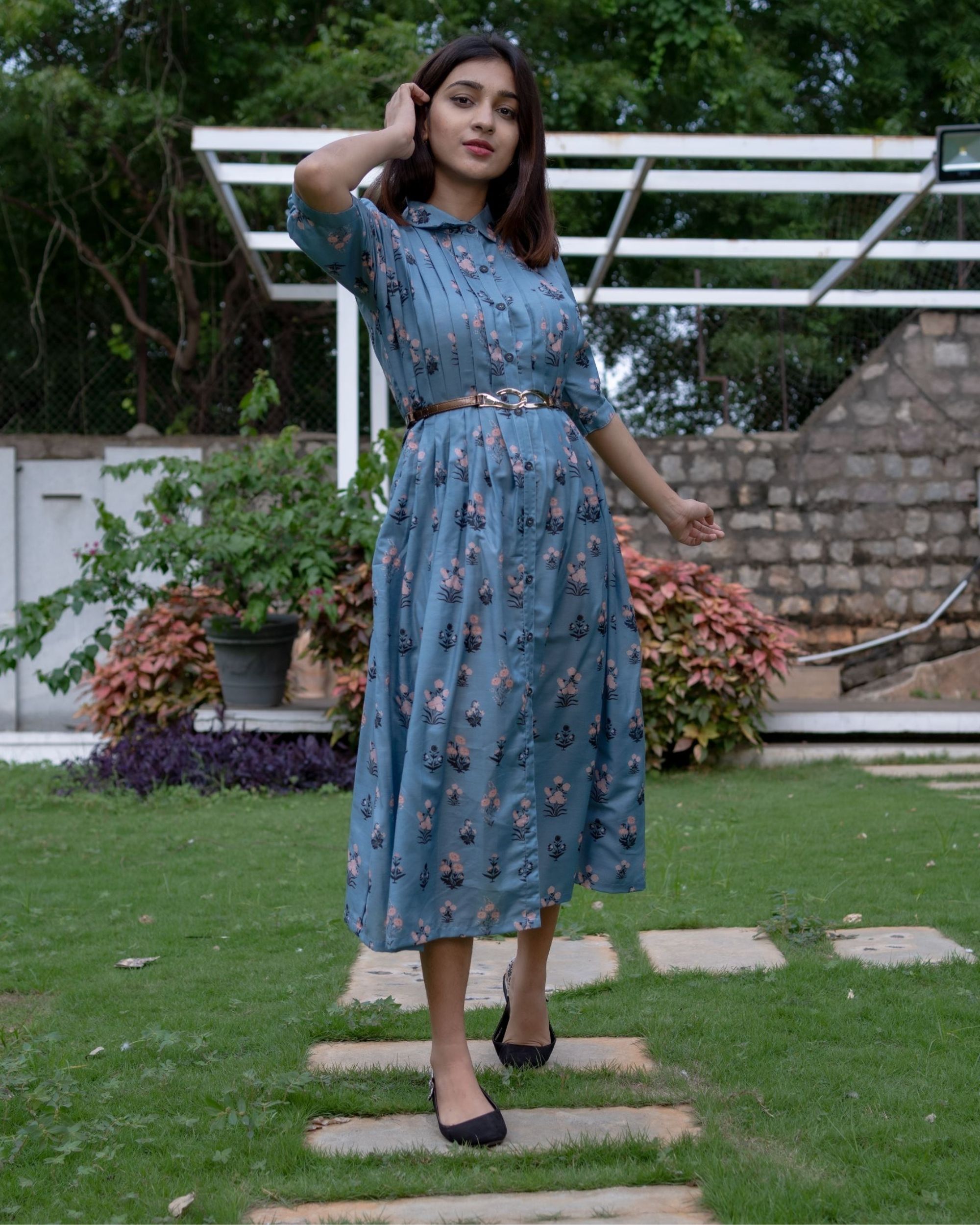 Dark pastel blue floral printed front open dress by Desi Doree
