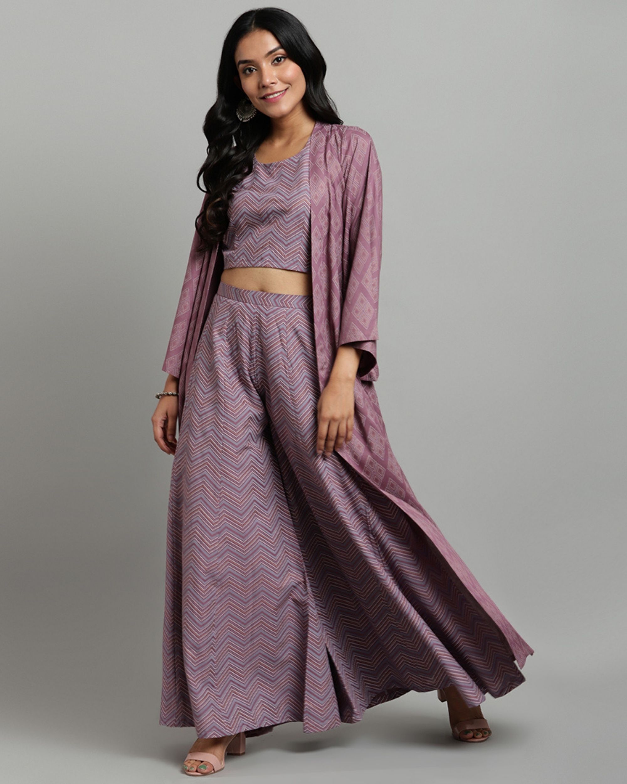 Mauve zig zag printed crop top and flared palazzo with jacket - Set Of  Three by Rivaaj