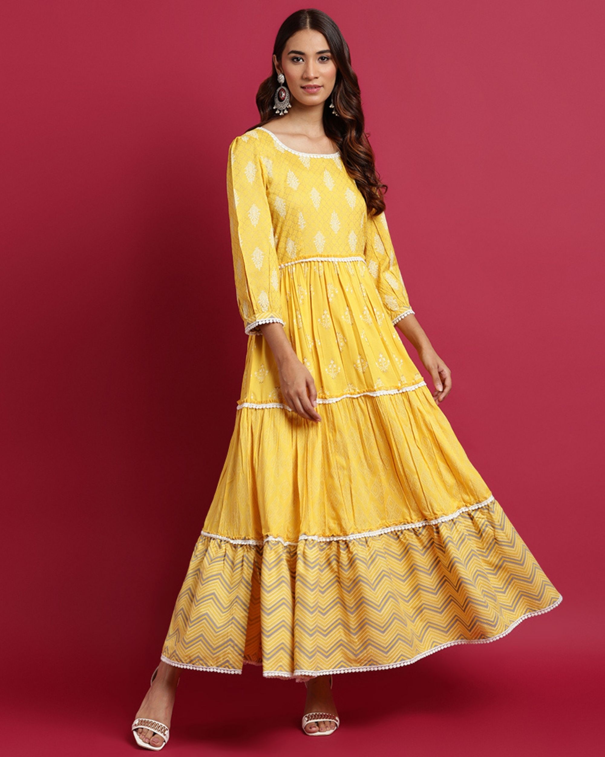 Mellow yellow hand block printed tiered maxi dress by Rivaaj | The ...