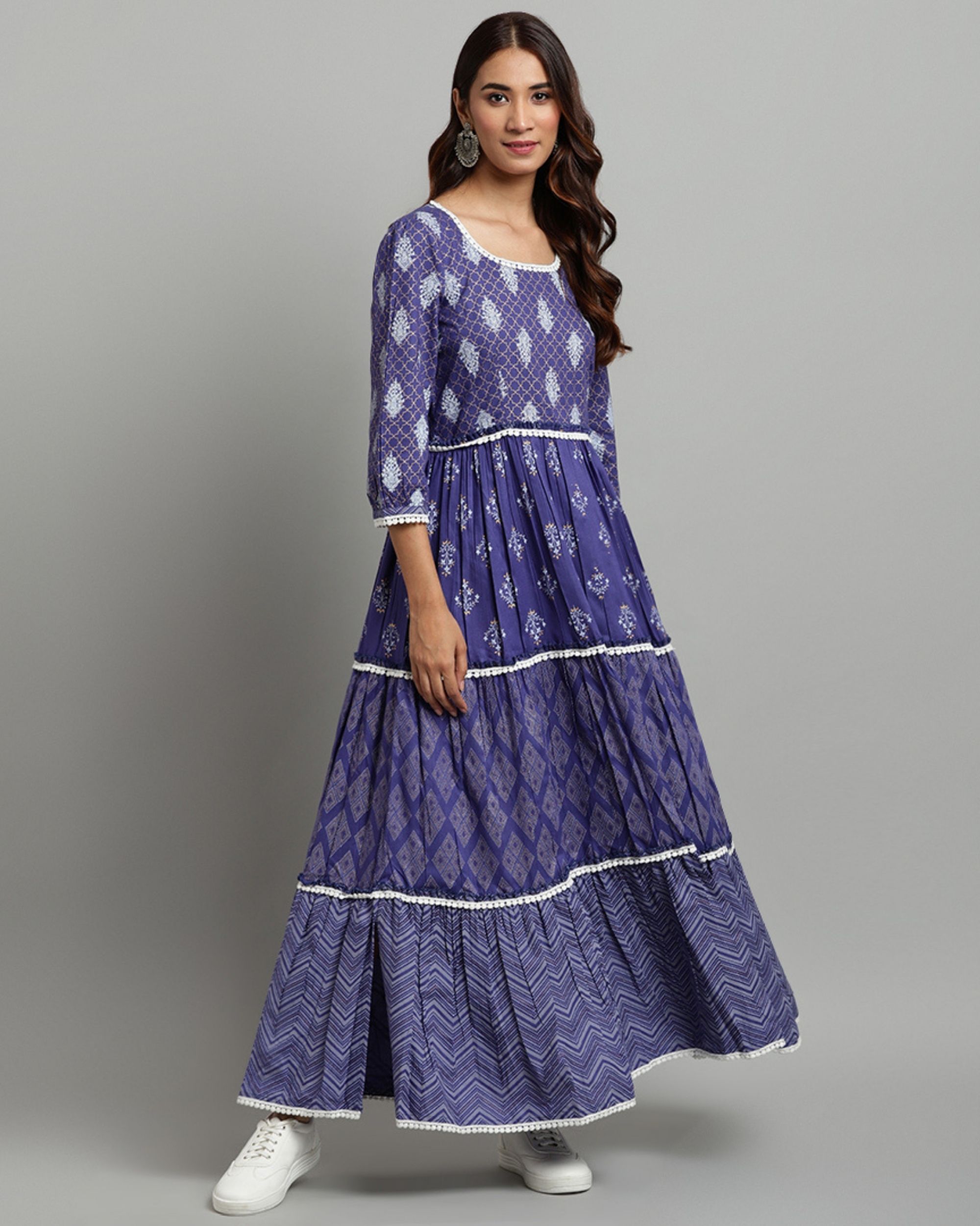 Blue hand block printed tiered maxi dress by Rivaaj | The Secret Label