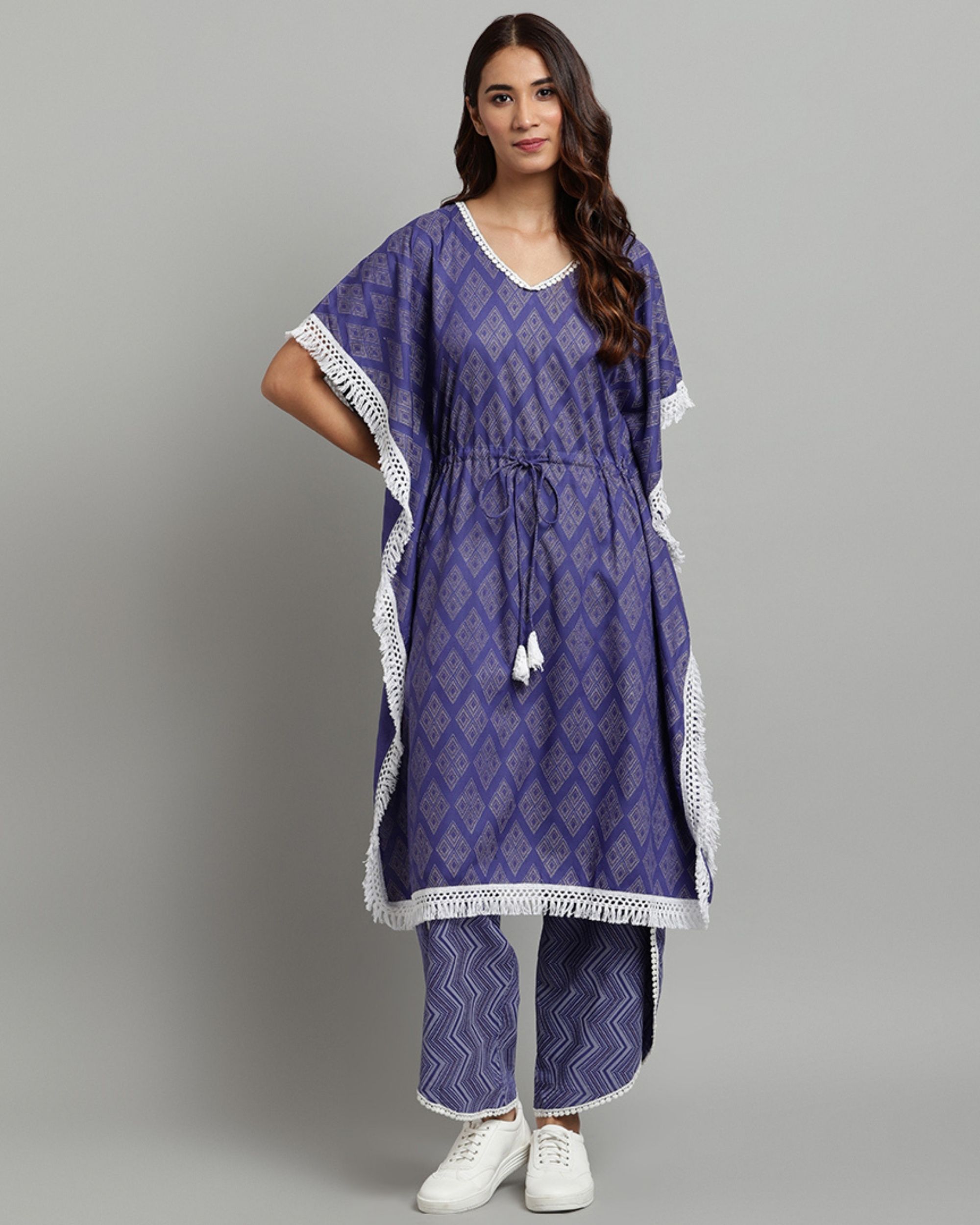 Blue hand block printed lace kaftan with tulip pants - Set Of Two by ...