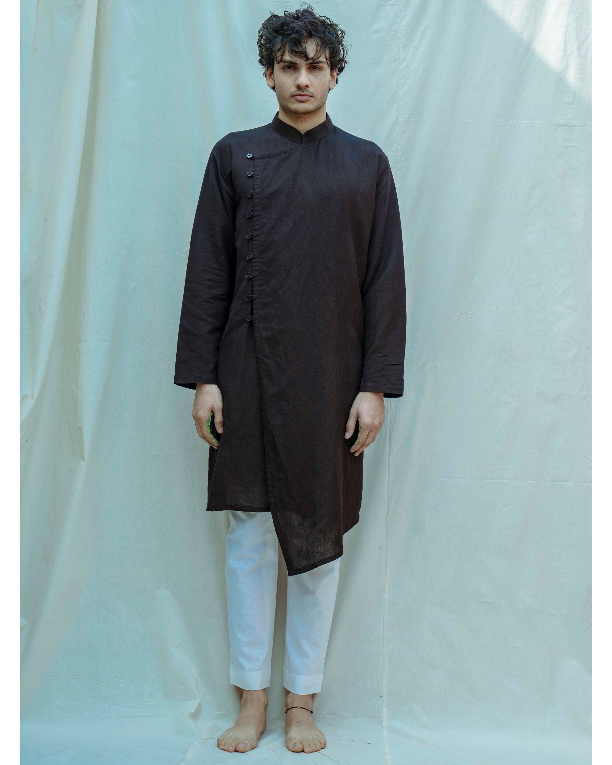 Black asymmetrical buttoned kurta with white pants - Set Of Two by ...