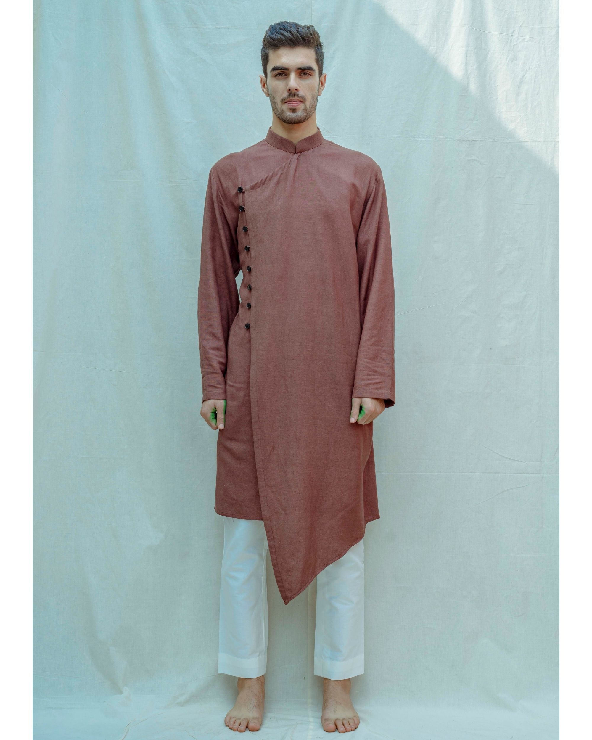 Brown asymmetrical buttoned kurta with white pants - Set Of Two by ...