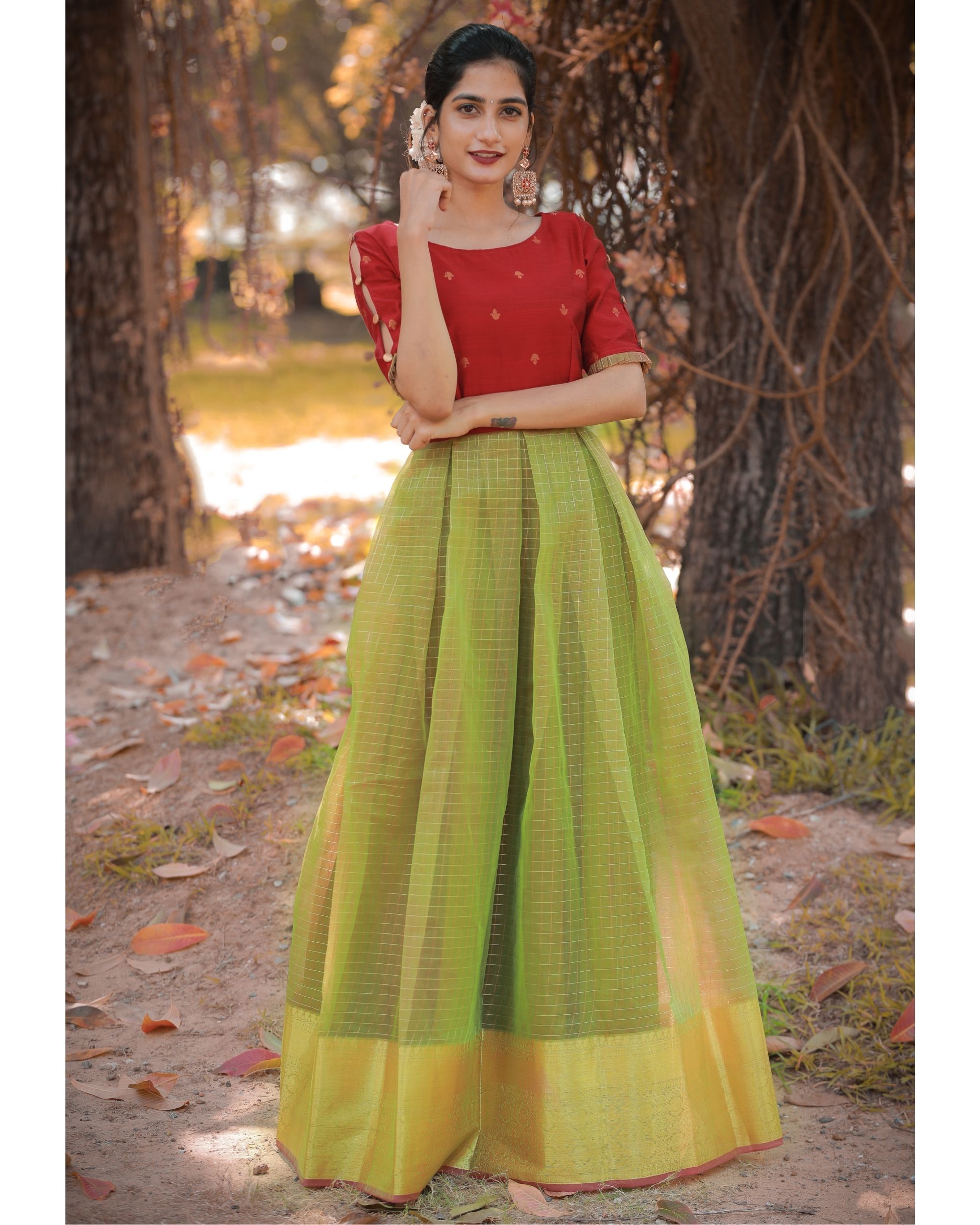 Red and green checkered box pleated maxi dress