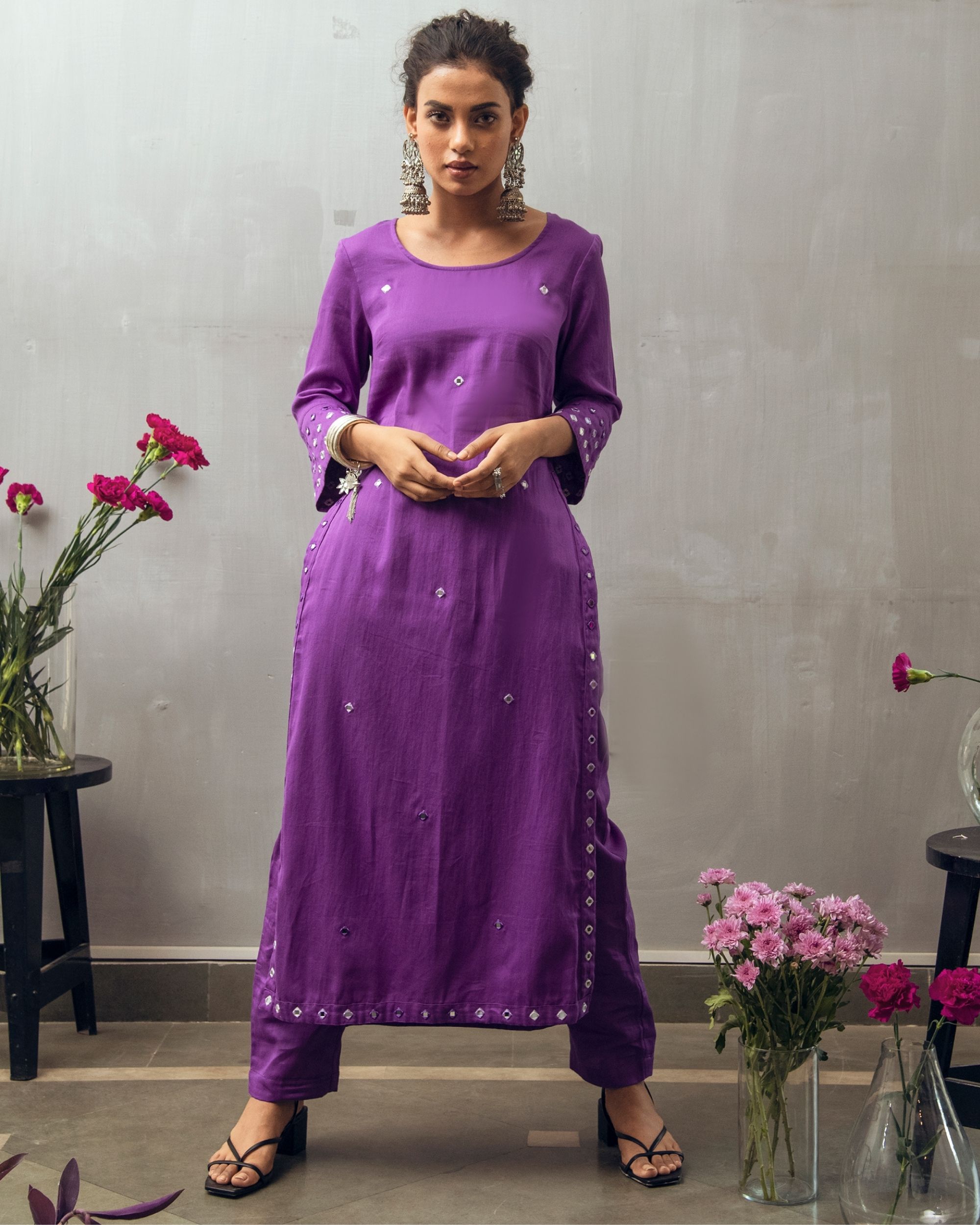 Purple cotton satin ankle length pants by Gulaal