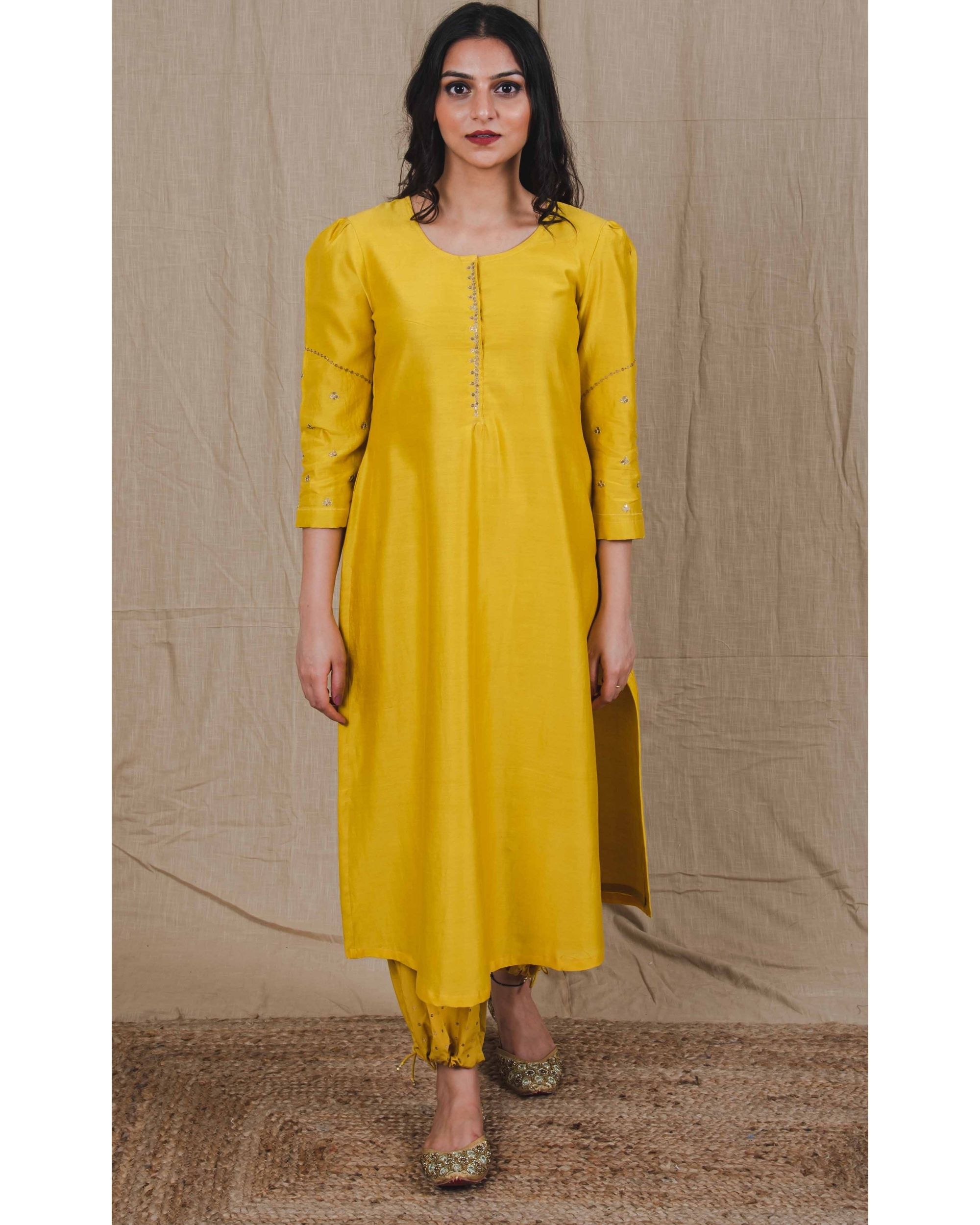 Mustard yellow sequin embroidered chanderi kurta by Vintage Loom | The ...