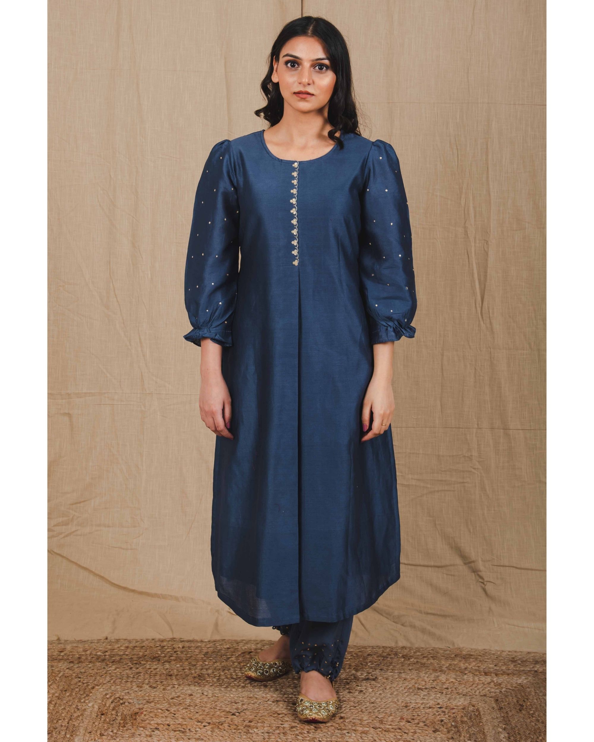 Blue sequin embroidered puffed sleeve kurta and pants Set Of Two by Vintage Loom The Secret