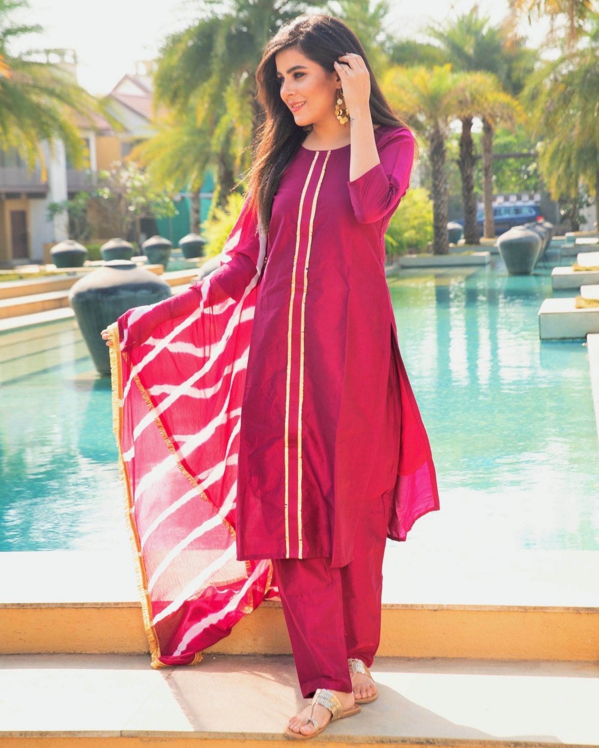 Wine gota silk kurta and pants with leheriya dupatta - Set Of