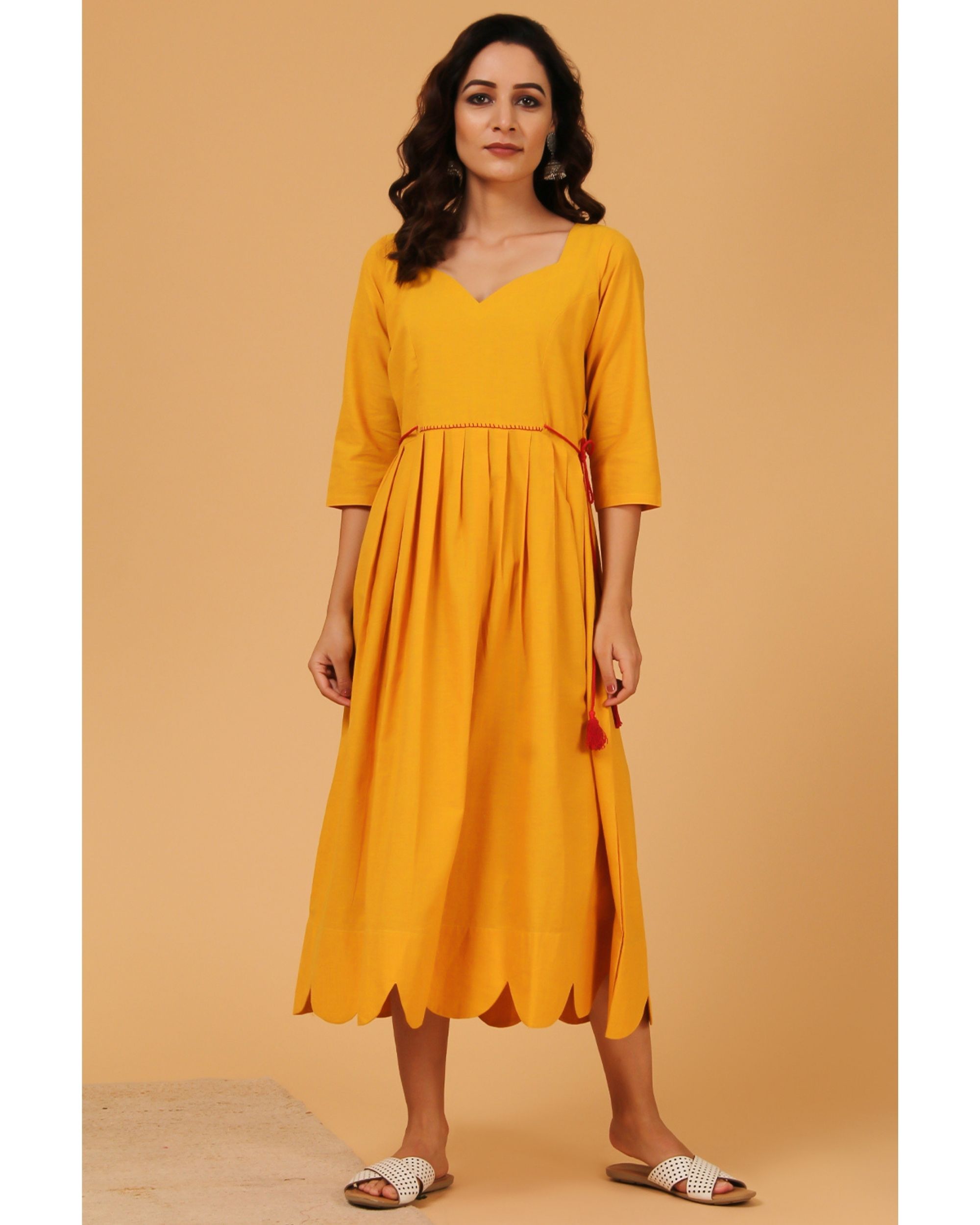 Mustard yellow pleated scalloped dress by The Cotton Staple | The ...