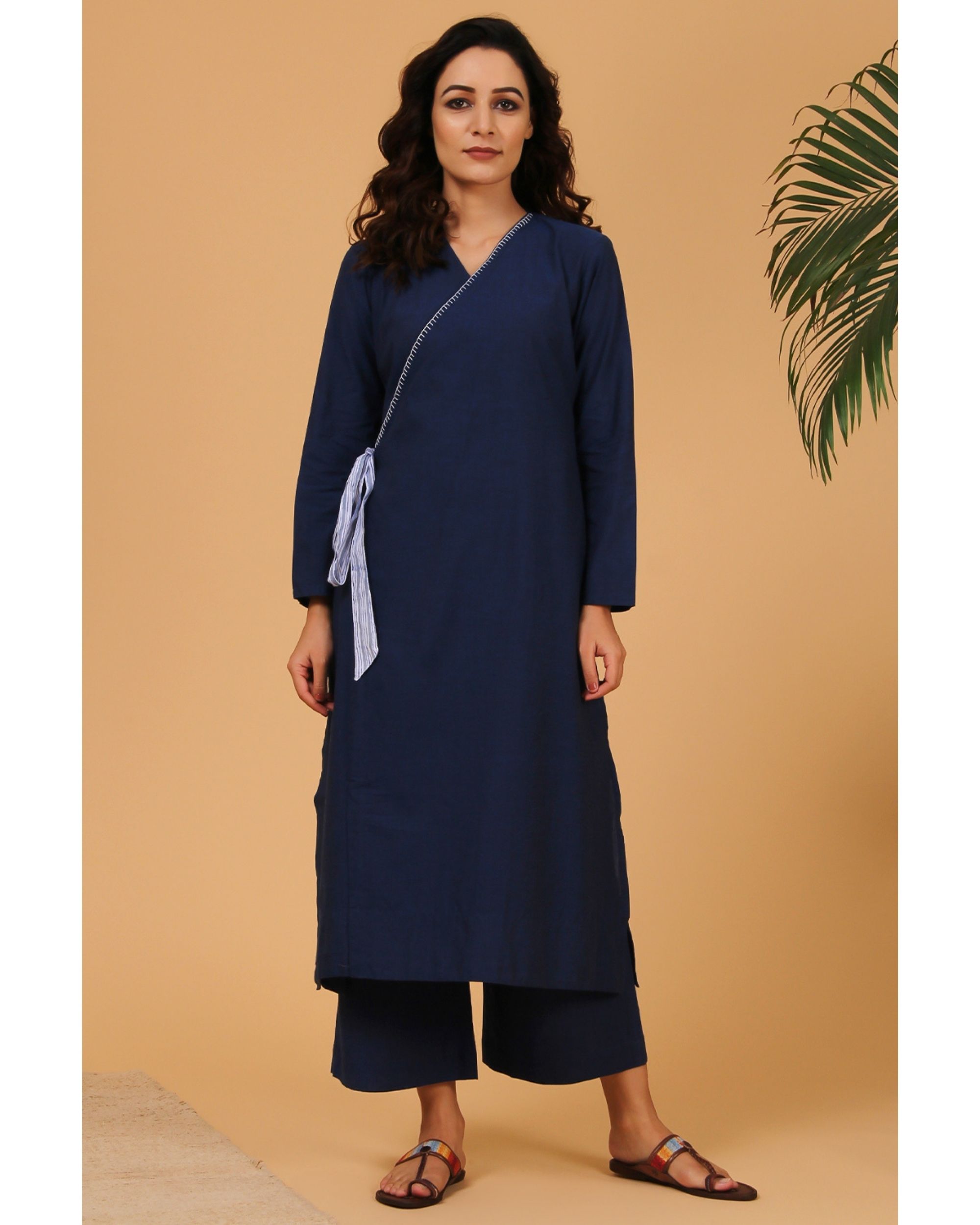 Women Navy Blue Floral High Slit Kurta with Trousers– Inddus.in
