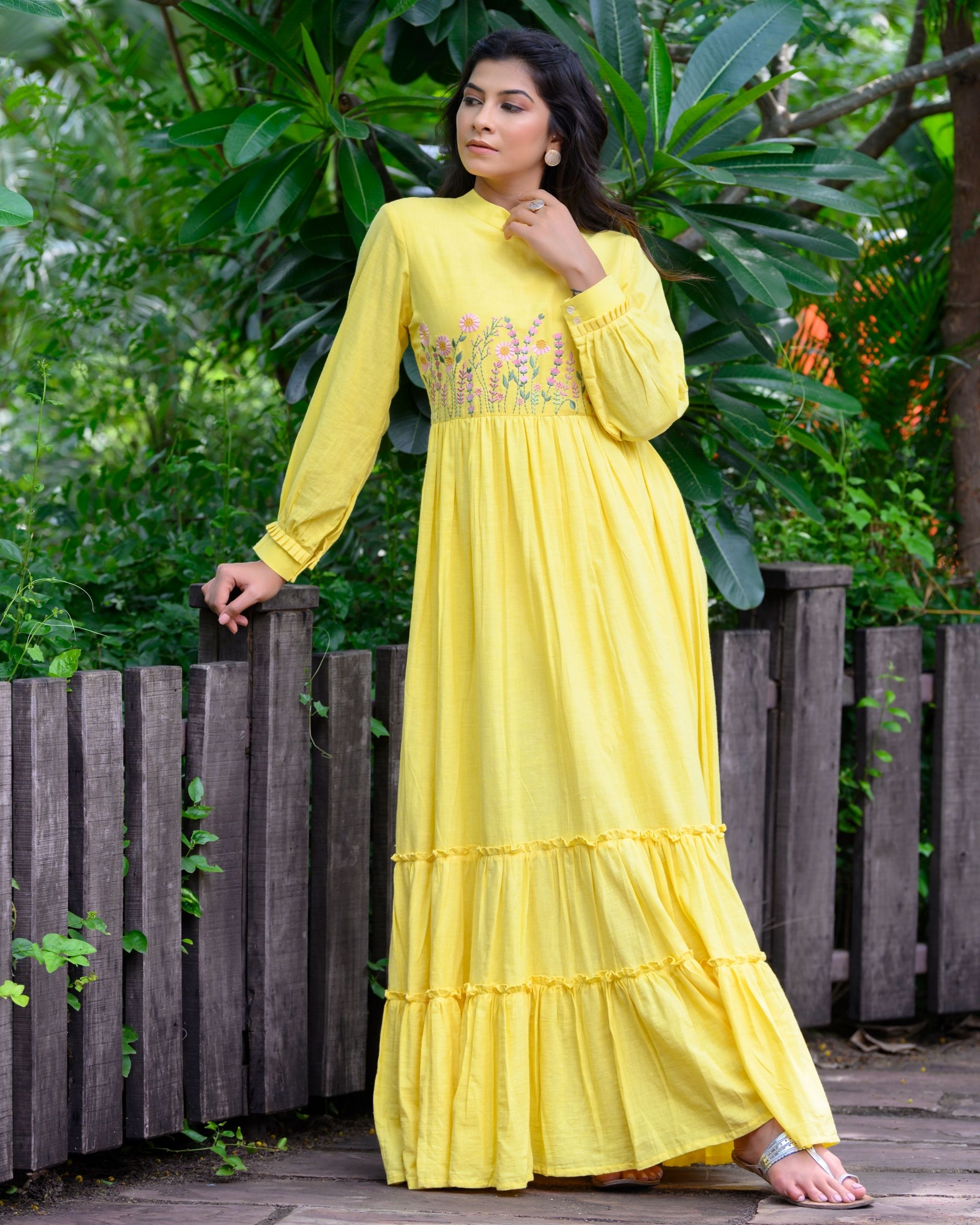 Yellow embroidered ruffled dress by Label Anoh | The Secret Label