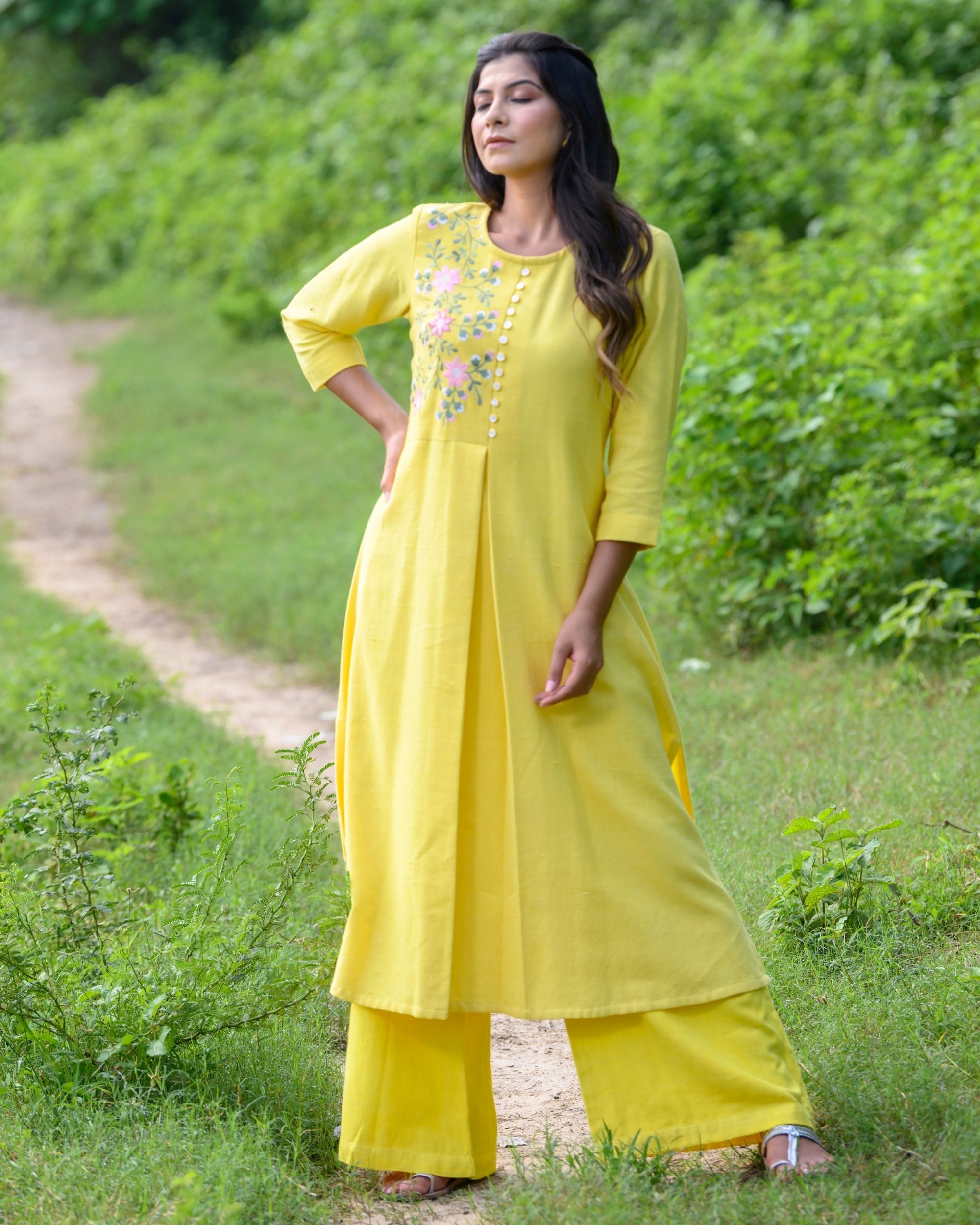 Yellow floral embroidered pleated kurta with palazzo - Set Of Two by ...