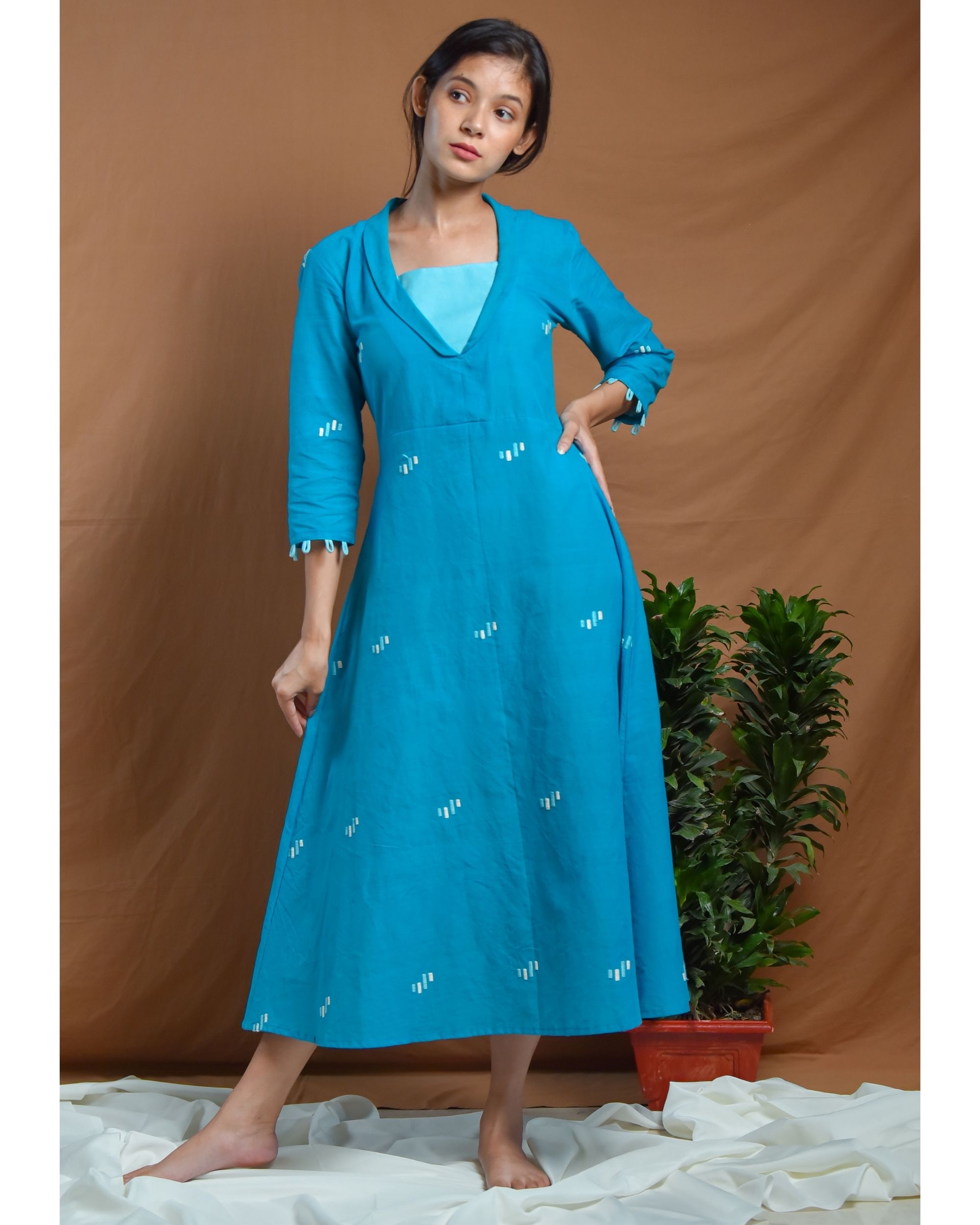 Blue collared flared dress by Amoh By Aanchal | The Secret Label