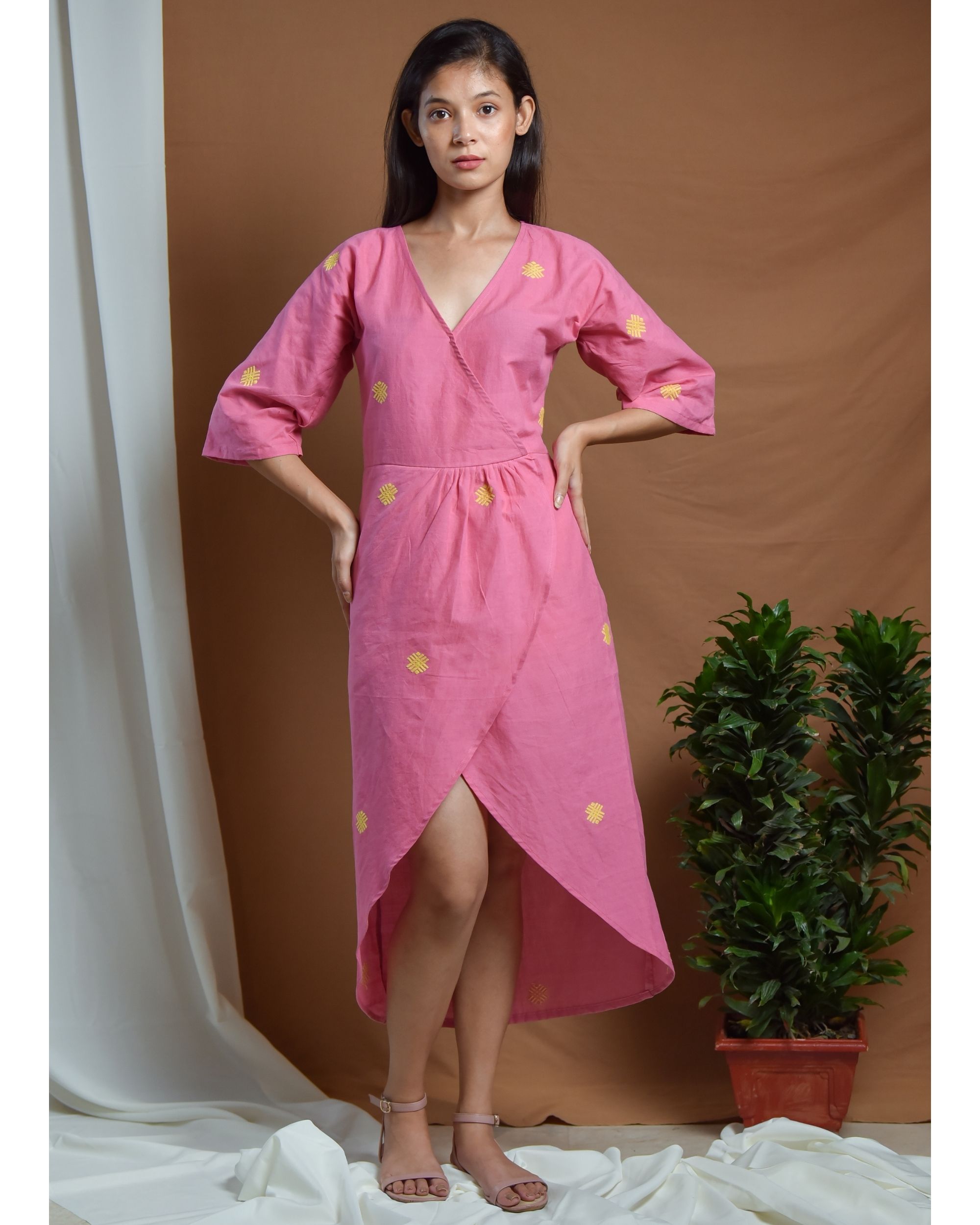 Pink and yellow overlap tulip dress by Amoh By Aanchal | The Secret Label