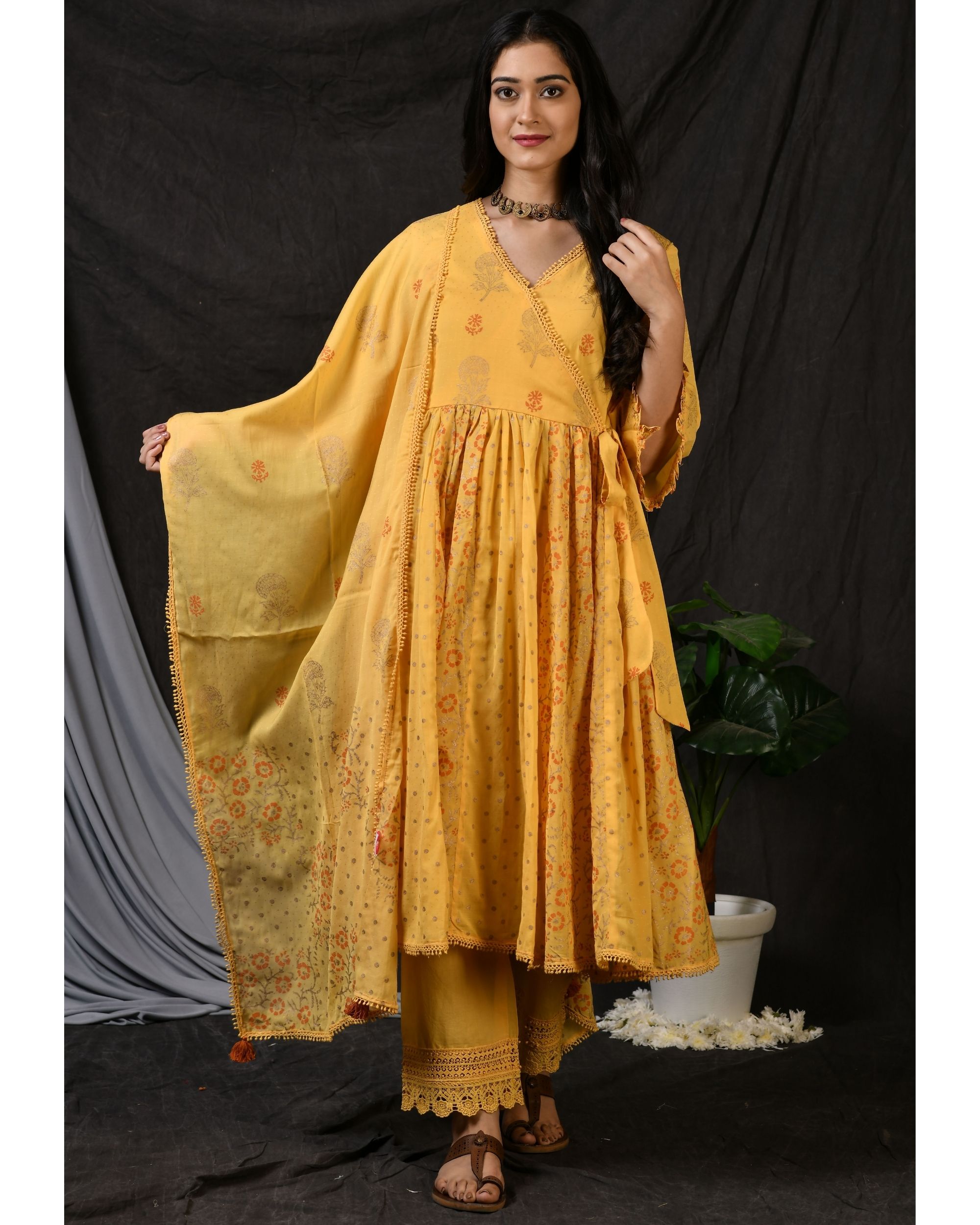Yellow printed gathered anarkali kurta with pants and dupatta - Set Of Three