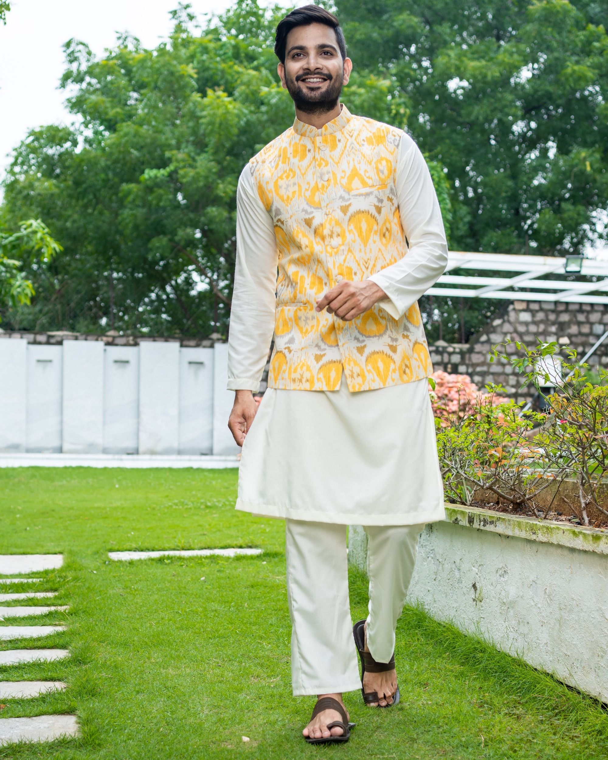 White kurta pajama with yellow jacket Clearance