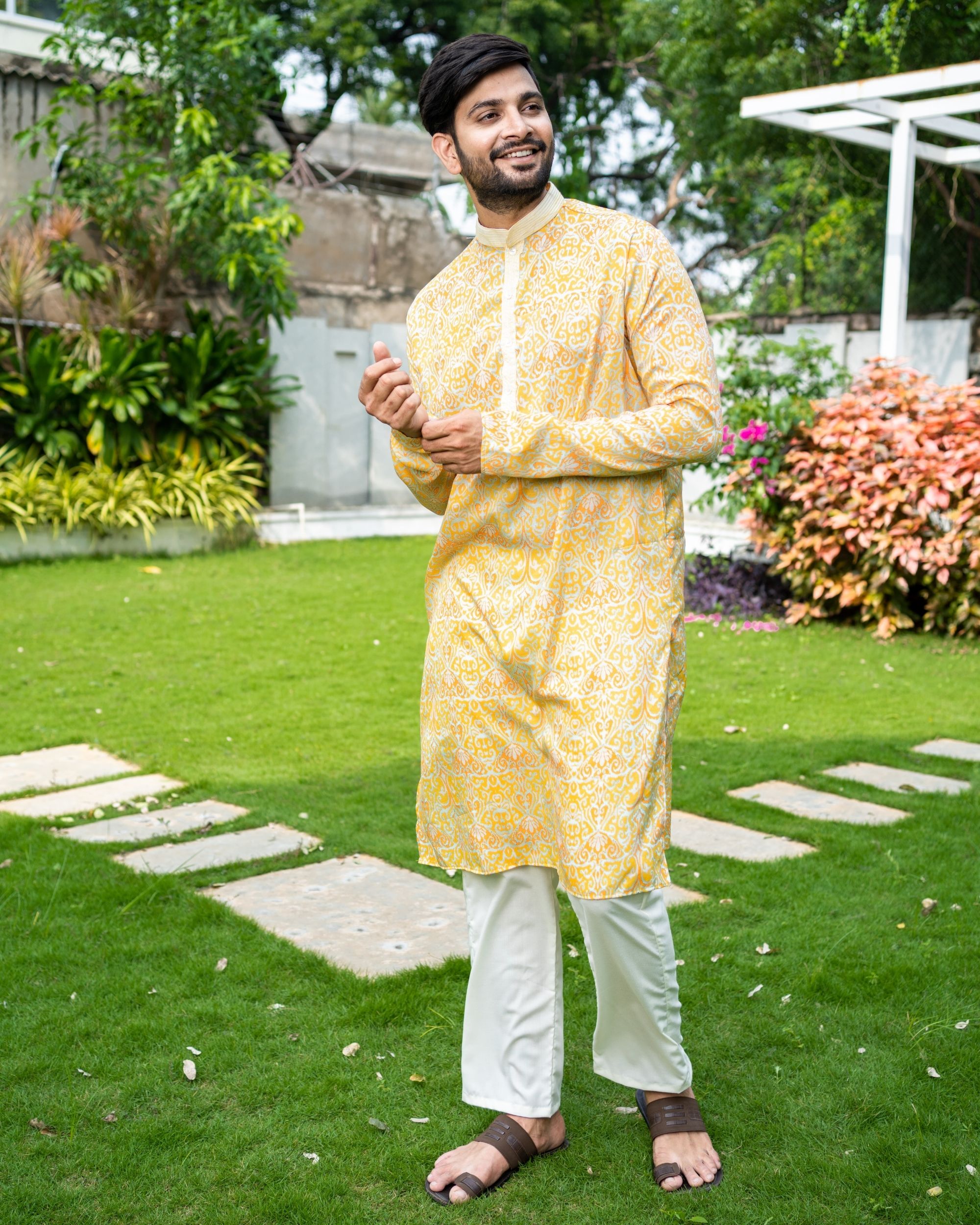 Yellow ikat printed cotton kurta and pants - Set Of Two