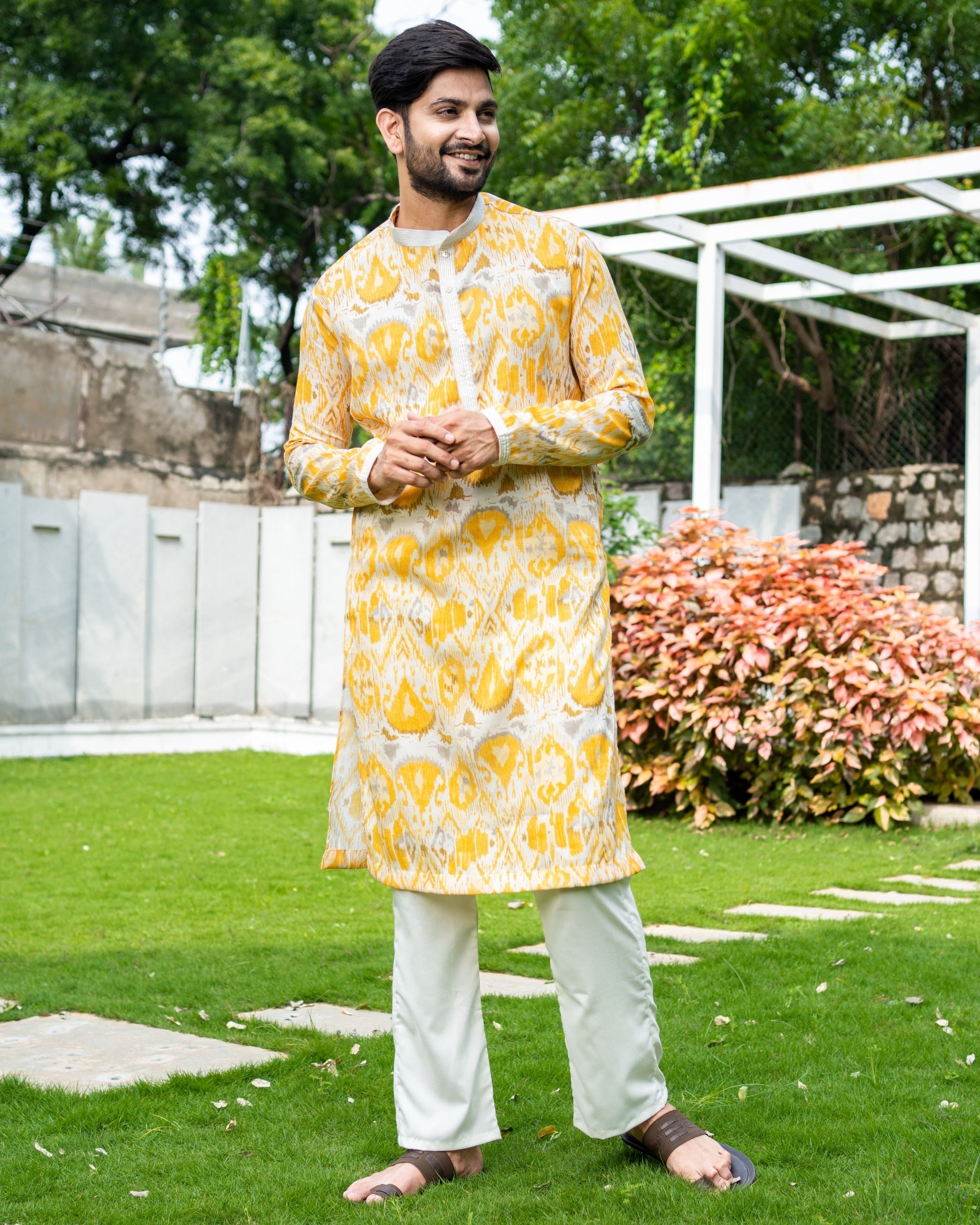 Yellow and grey ikat kurta and pants - Set Of Two by Desi Doree | The ...