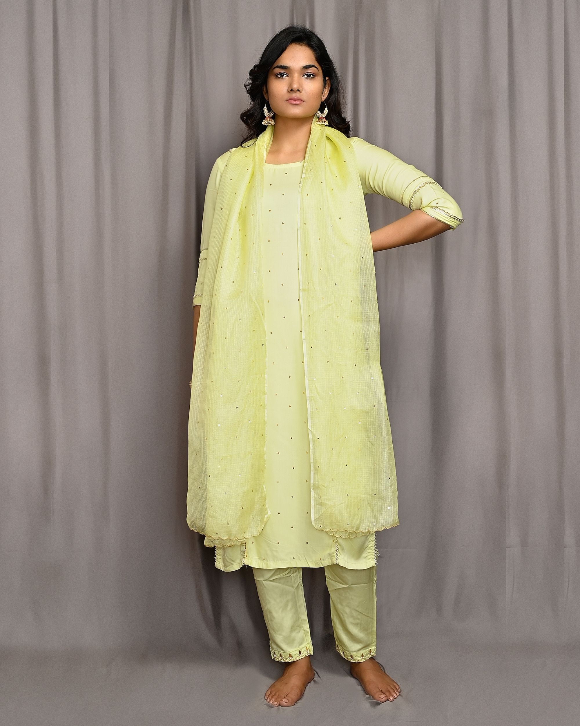 Lemon yellow embroidered gota kurta with pants and dupatta - Set Of ...