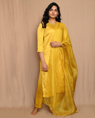 Yellow embroidered modal silk kurta and pants with dupatta - Set Of ...