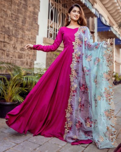 Dual toned flared anarkali dress with floral organza dupatta - Set