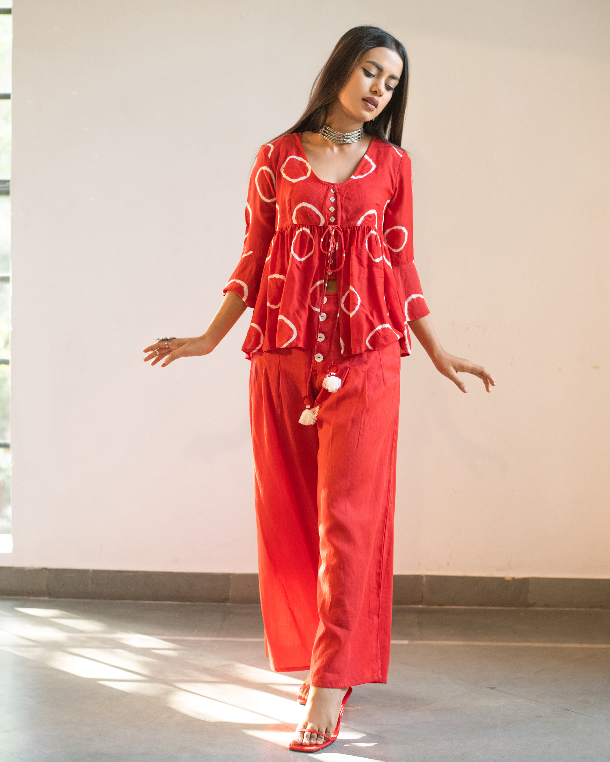 Red hand tie and dye peplum top and pants with inner - Set Of Three by  Gulaal