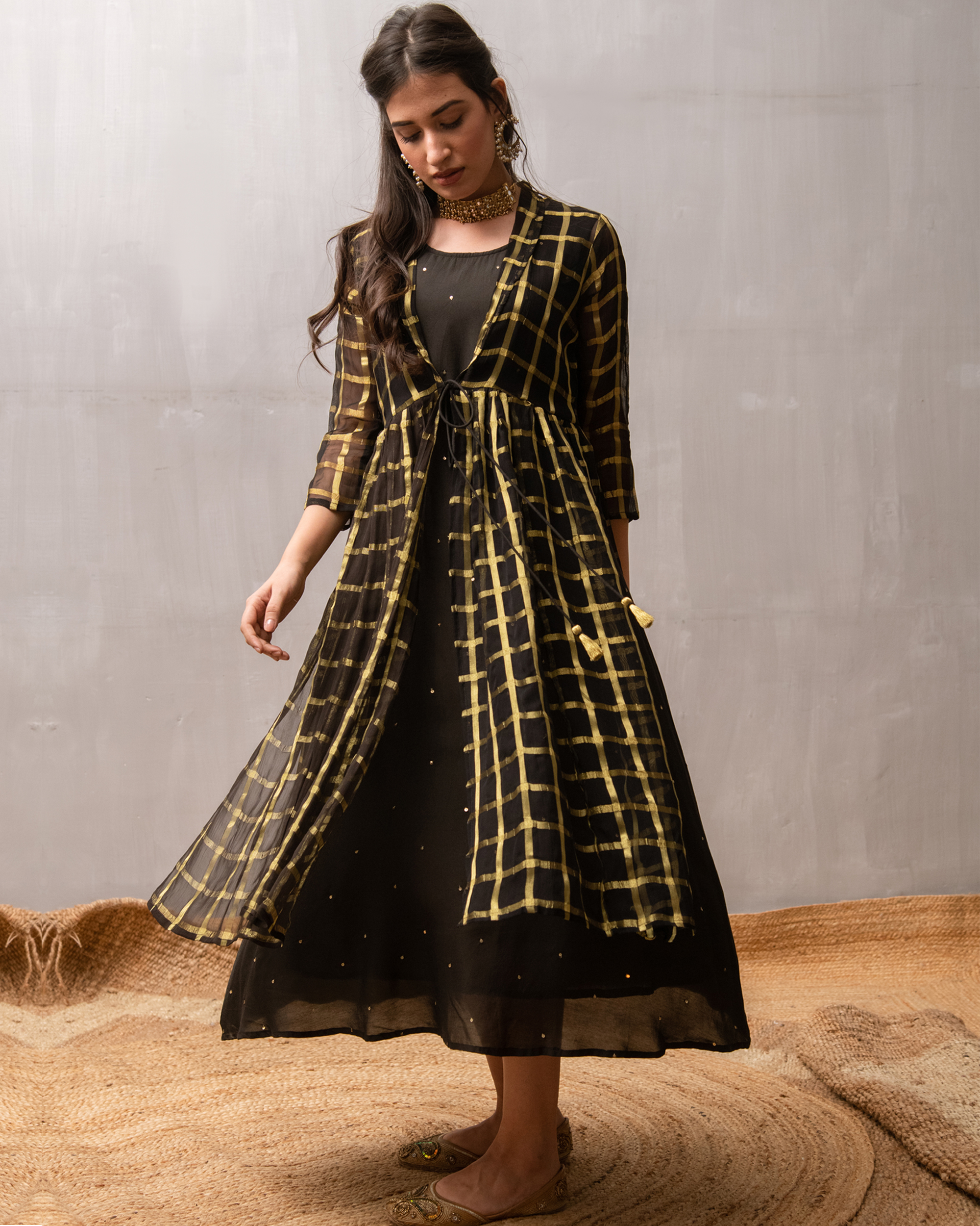 Black and gold sequined dress with checkered cover up - Set Of Two by  Gulaal | The Secret Label