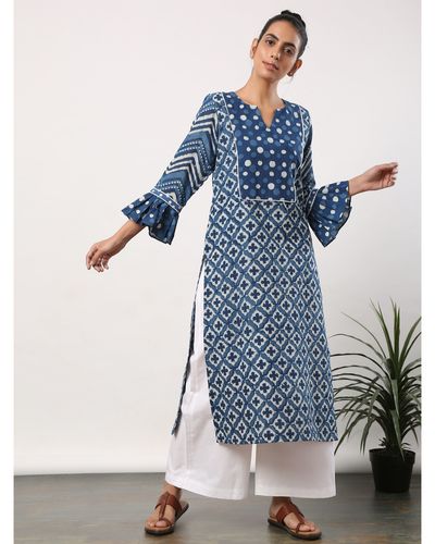 Indigo motif printed yoke kurta with frilled sleeves by Raasleela | The ...