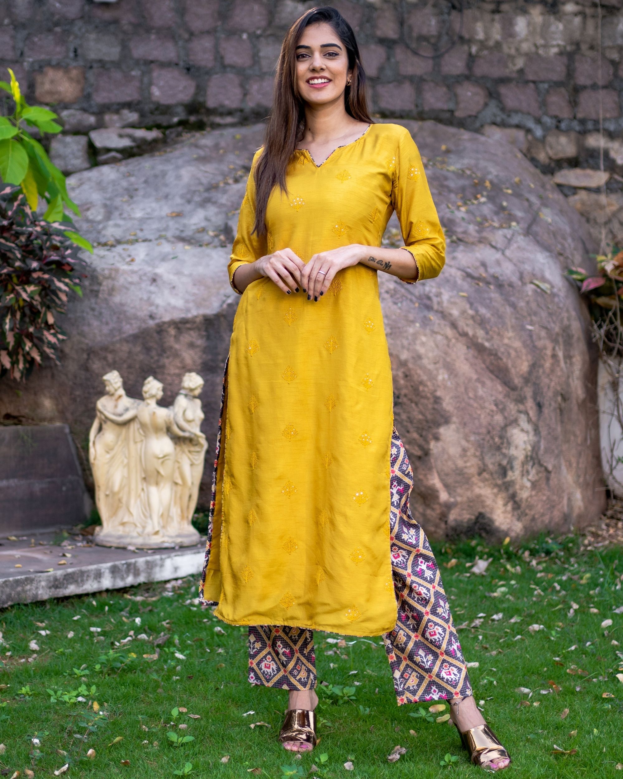 Mustard yellow embroidered kurta with patola pants - Set Of Two by The ...