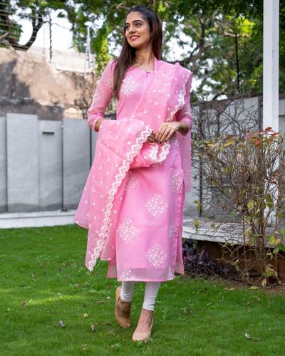 Rose pink embroidered kota kurta with dupatta - Set Of Two by The Weave ...