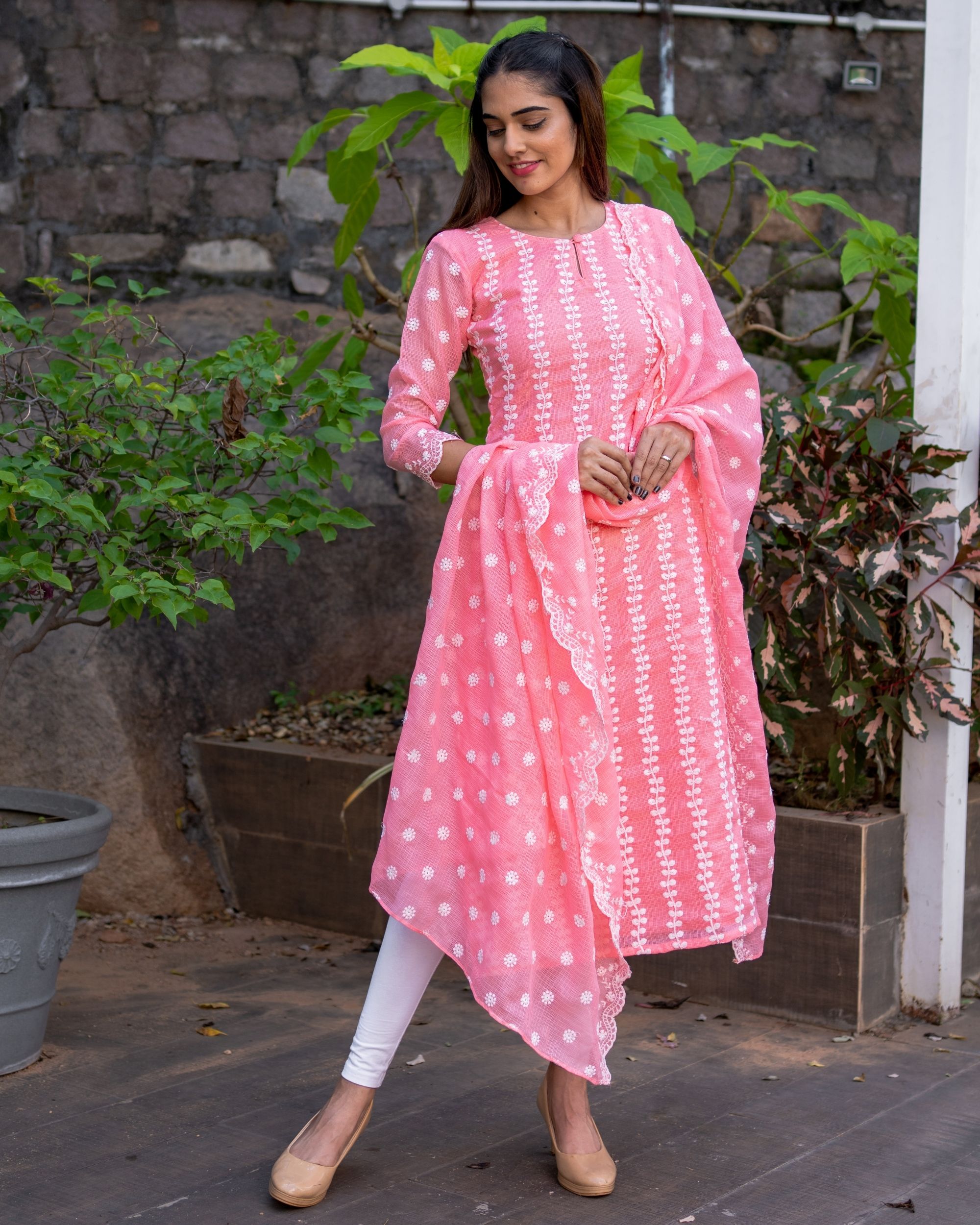 Pink embroidered kota kurta with dupatta - Set Of Two by The Weave ...