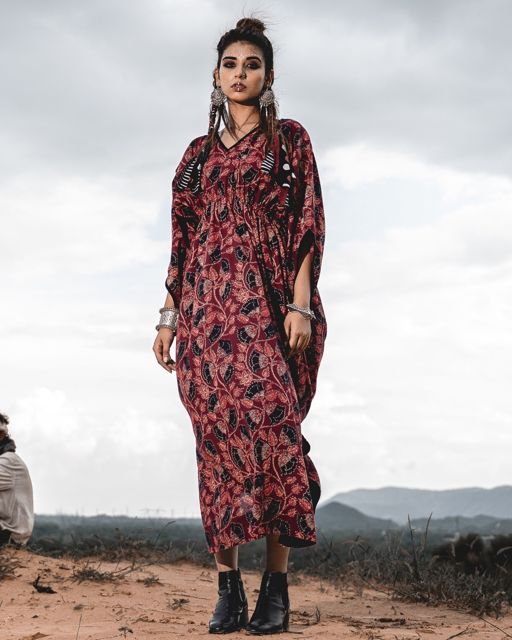 Maroon printed kaftan dress