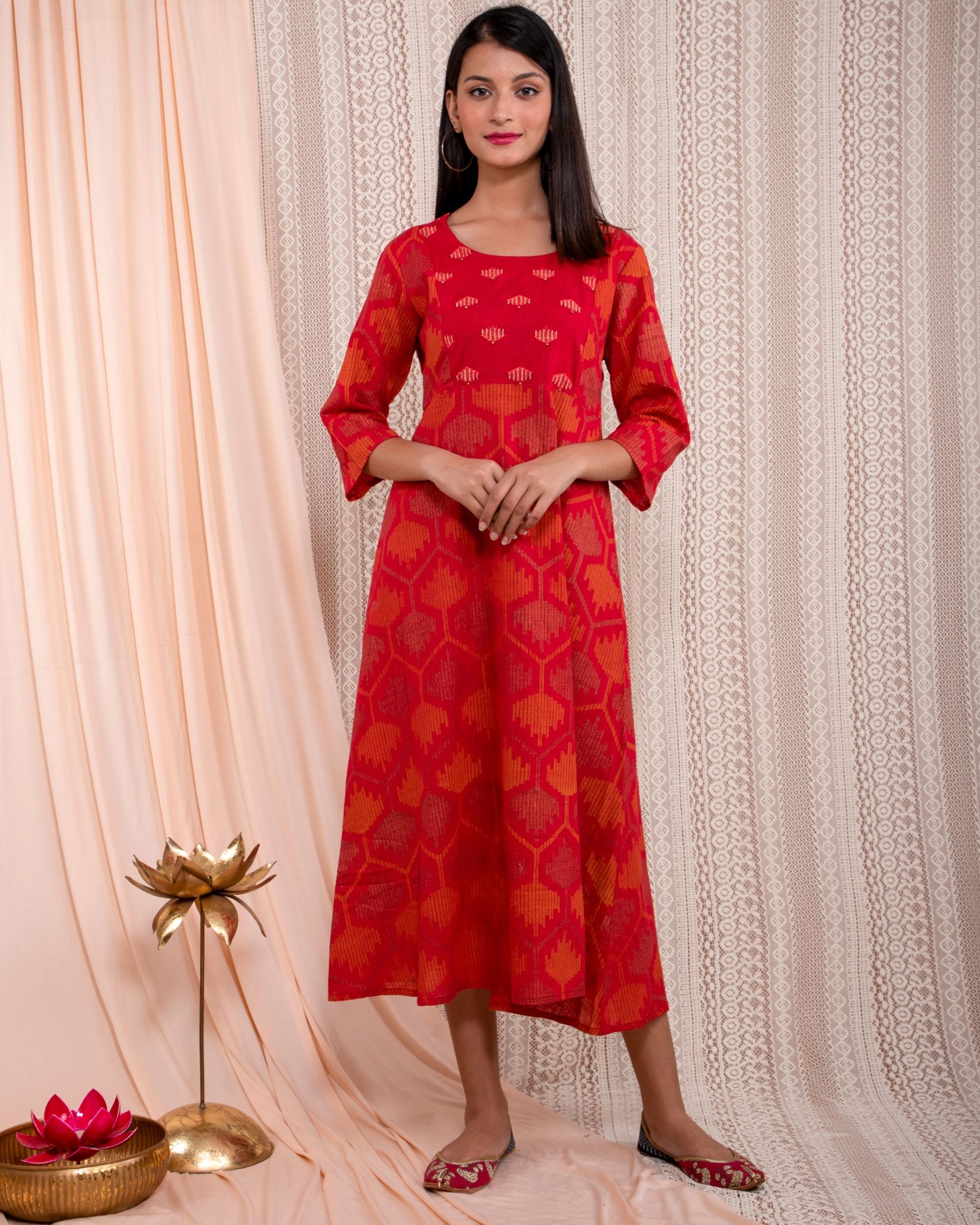 Red embroidered yoke dress by Studio Misri The Secret Label