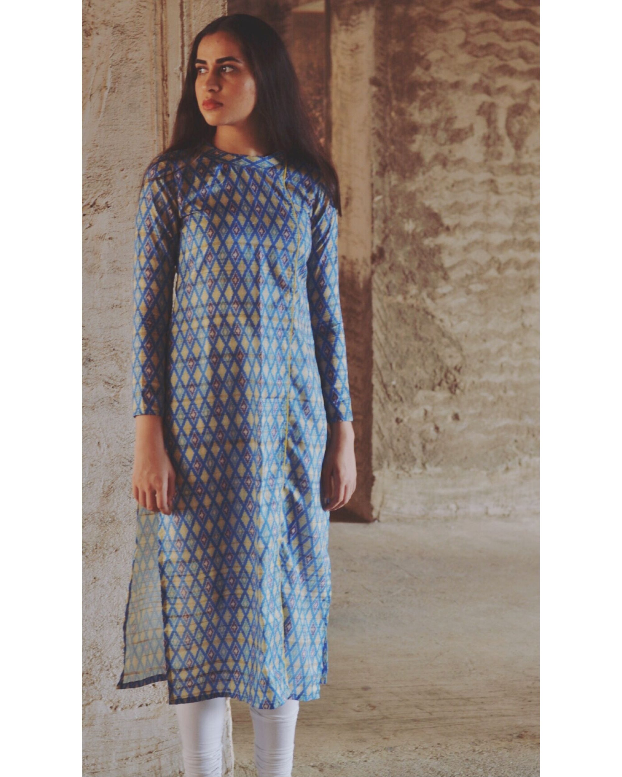 Blue Ikat Paneled Kurta By Tie And Dye Tale The Secret Label