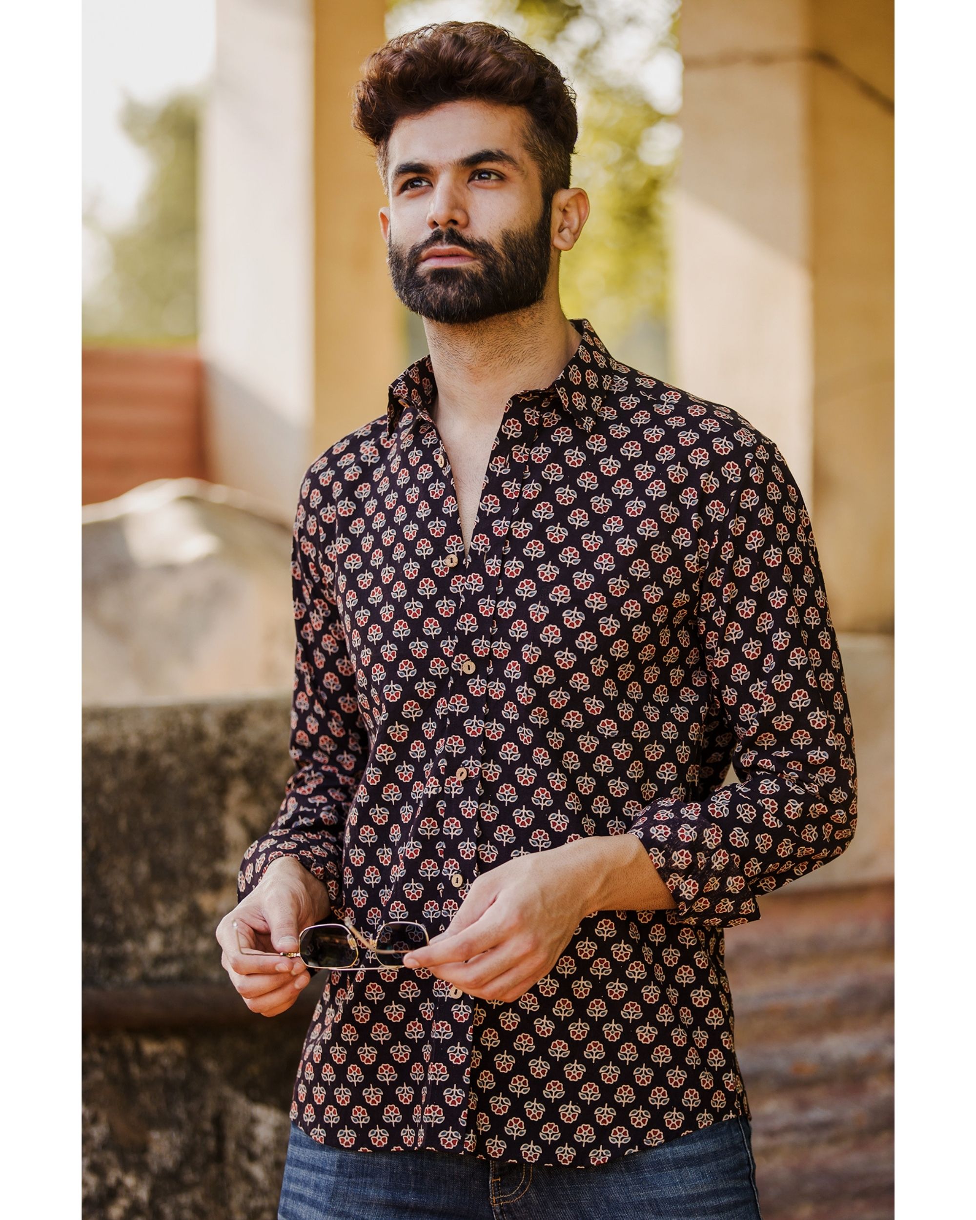 Black and red ajrakh motif printed shirt by Prints Valley