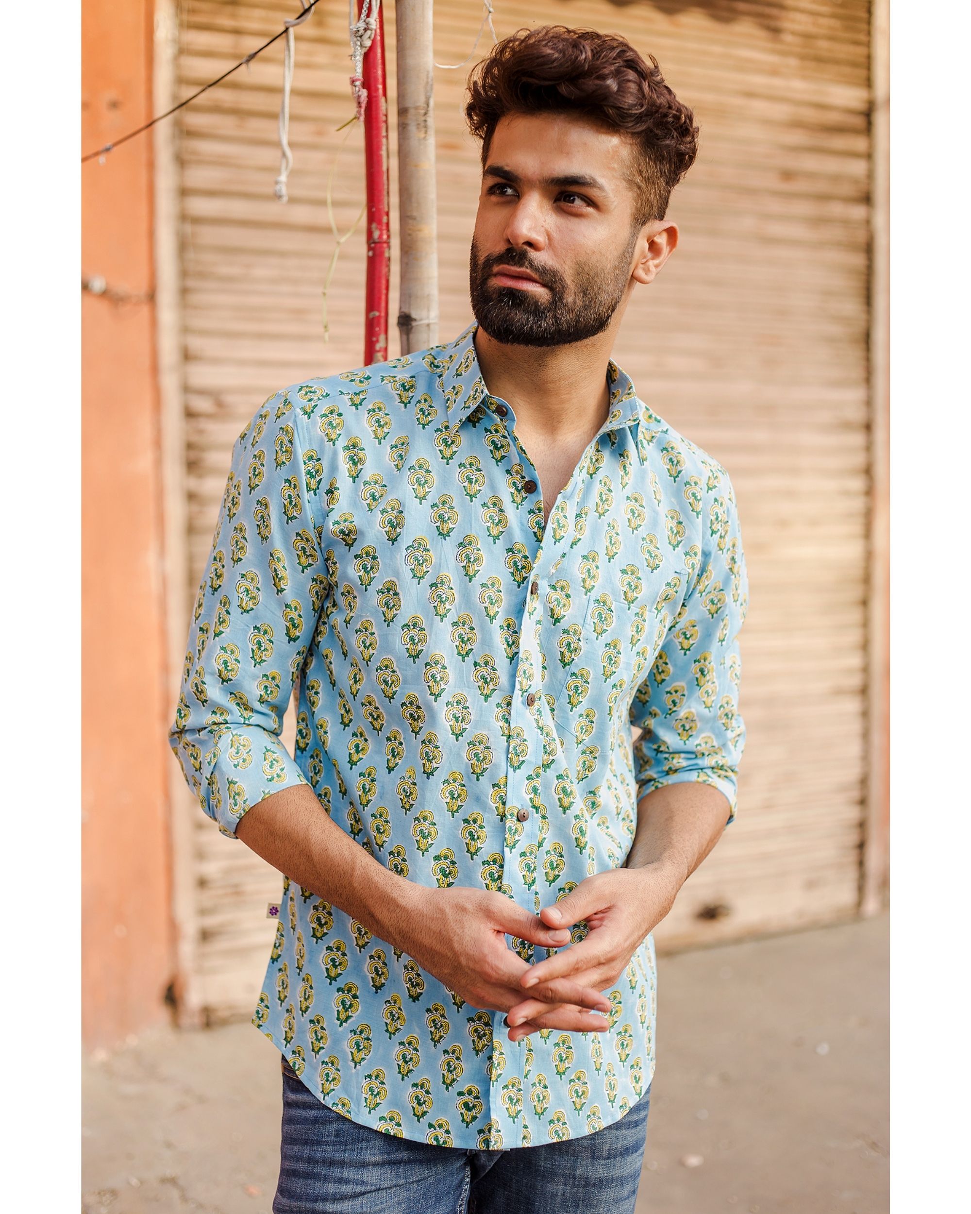 Light blue and yellow floral printed shirt by Prints Valley | The ...