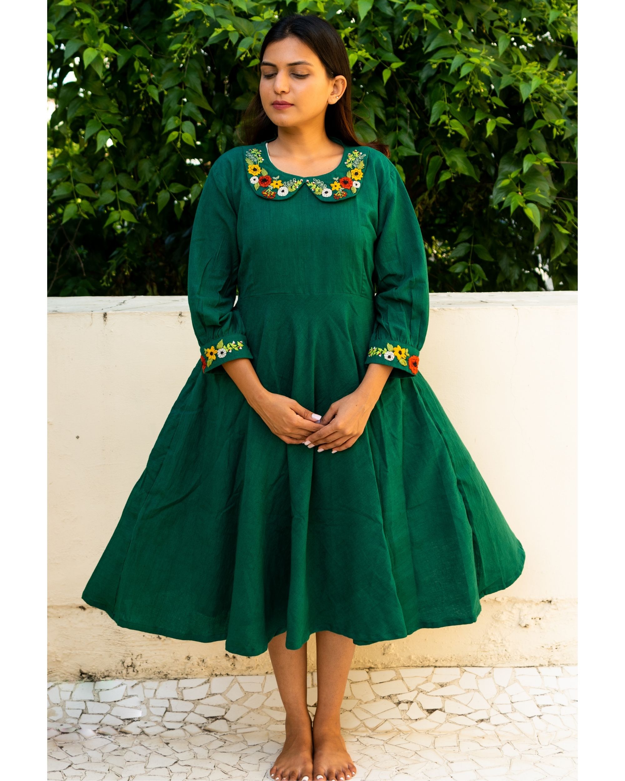 Bottle Green Dress with Embroidery