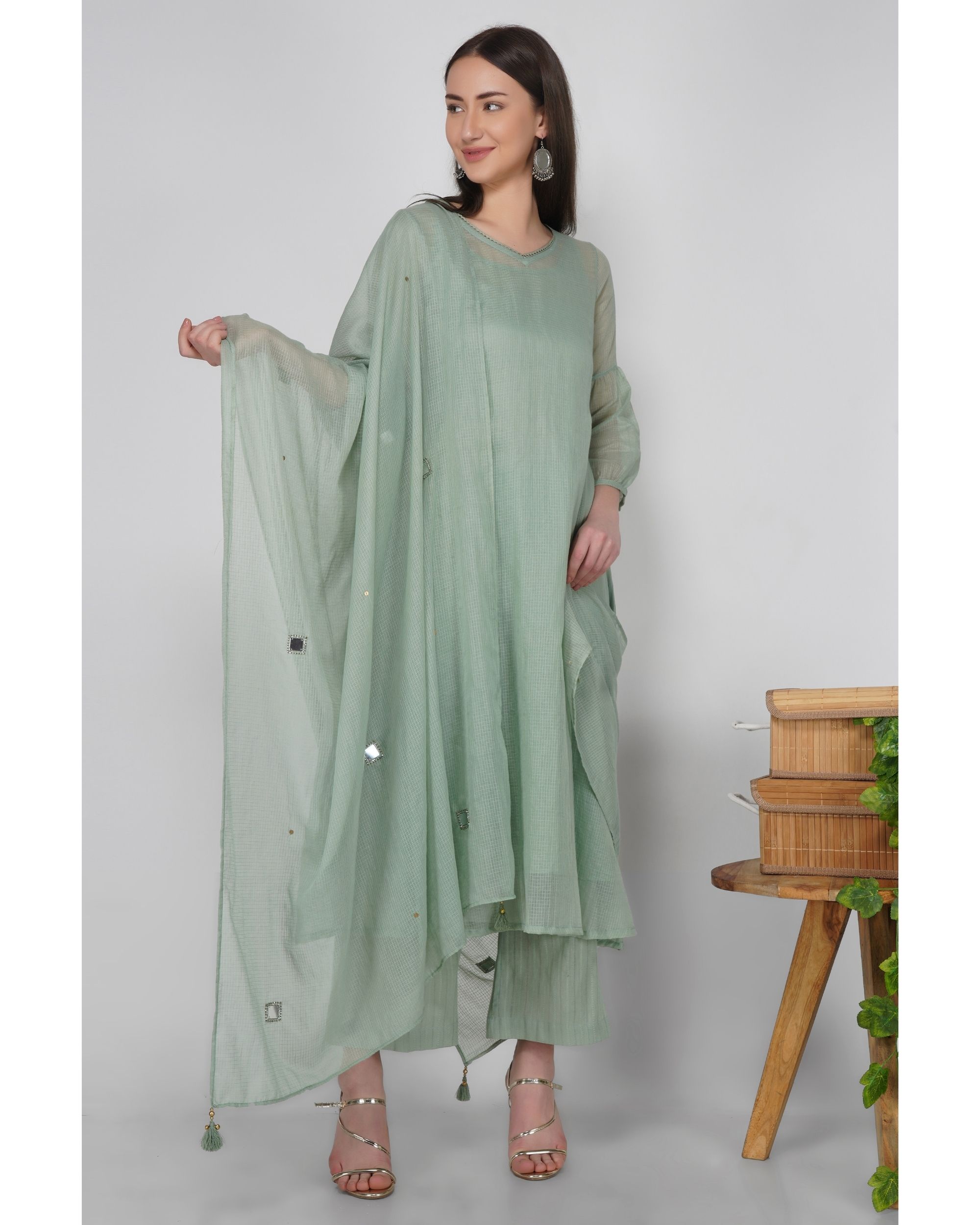 Green embroidered kota cotton dupatta by Vintage Loom | The Secret Label