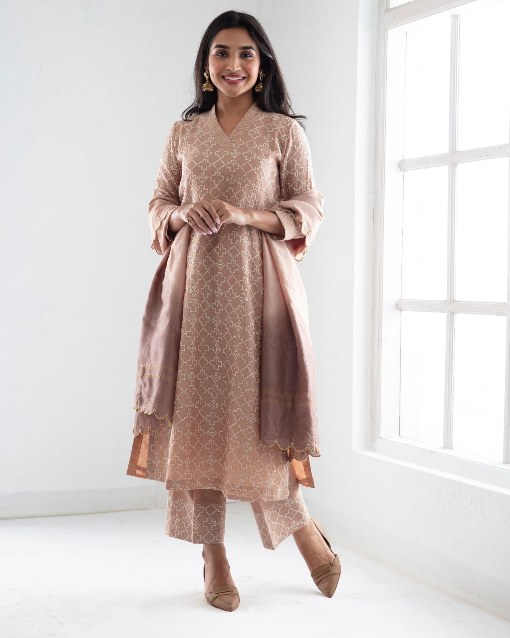 Beige sequin embroidered kurta and ...