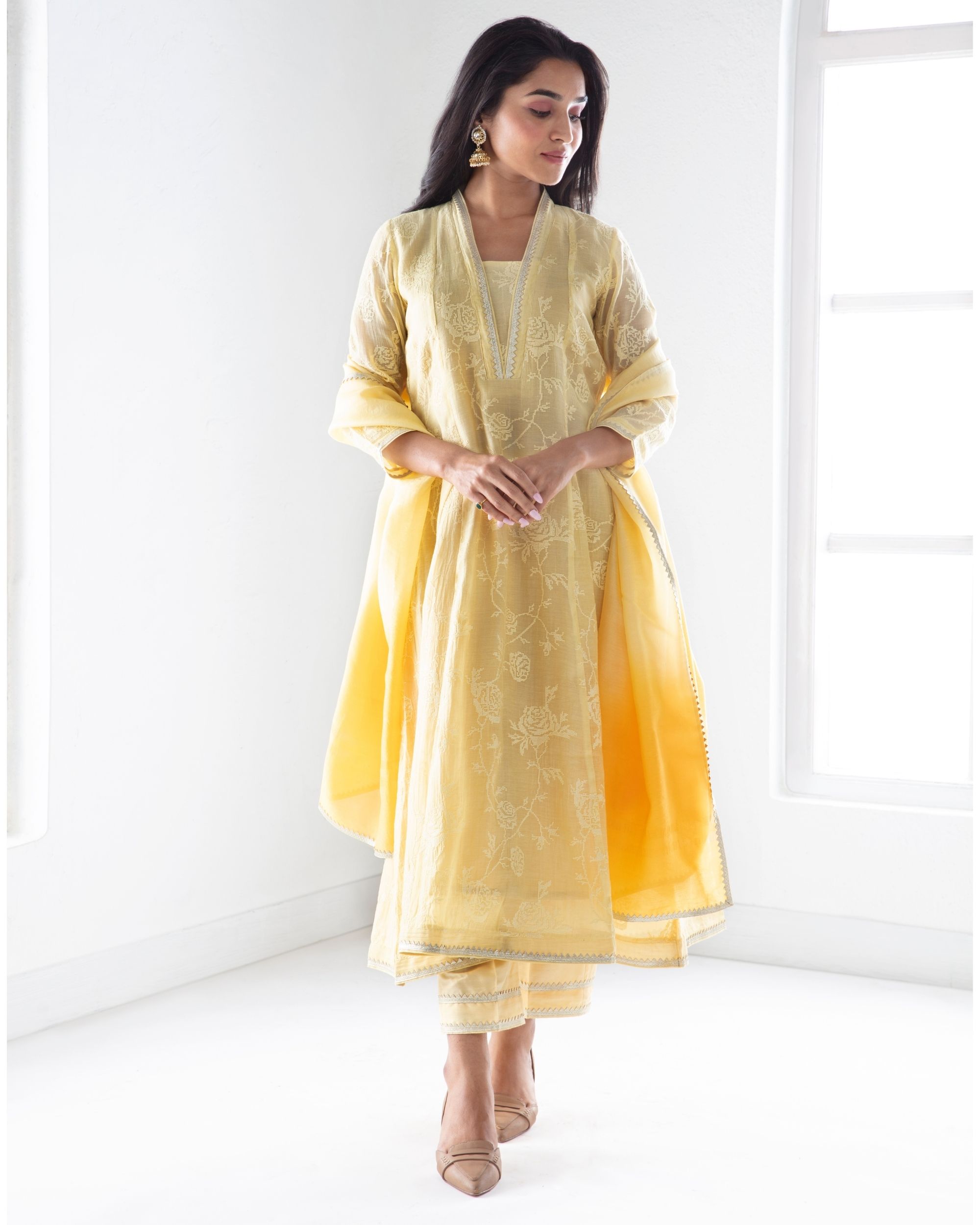 Pastel yellow rose embroidered kurta and pants with dupatta Set Of
