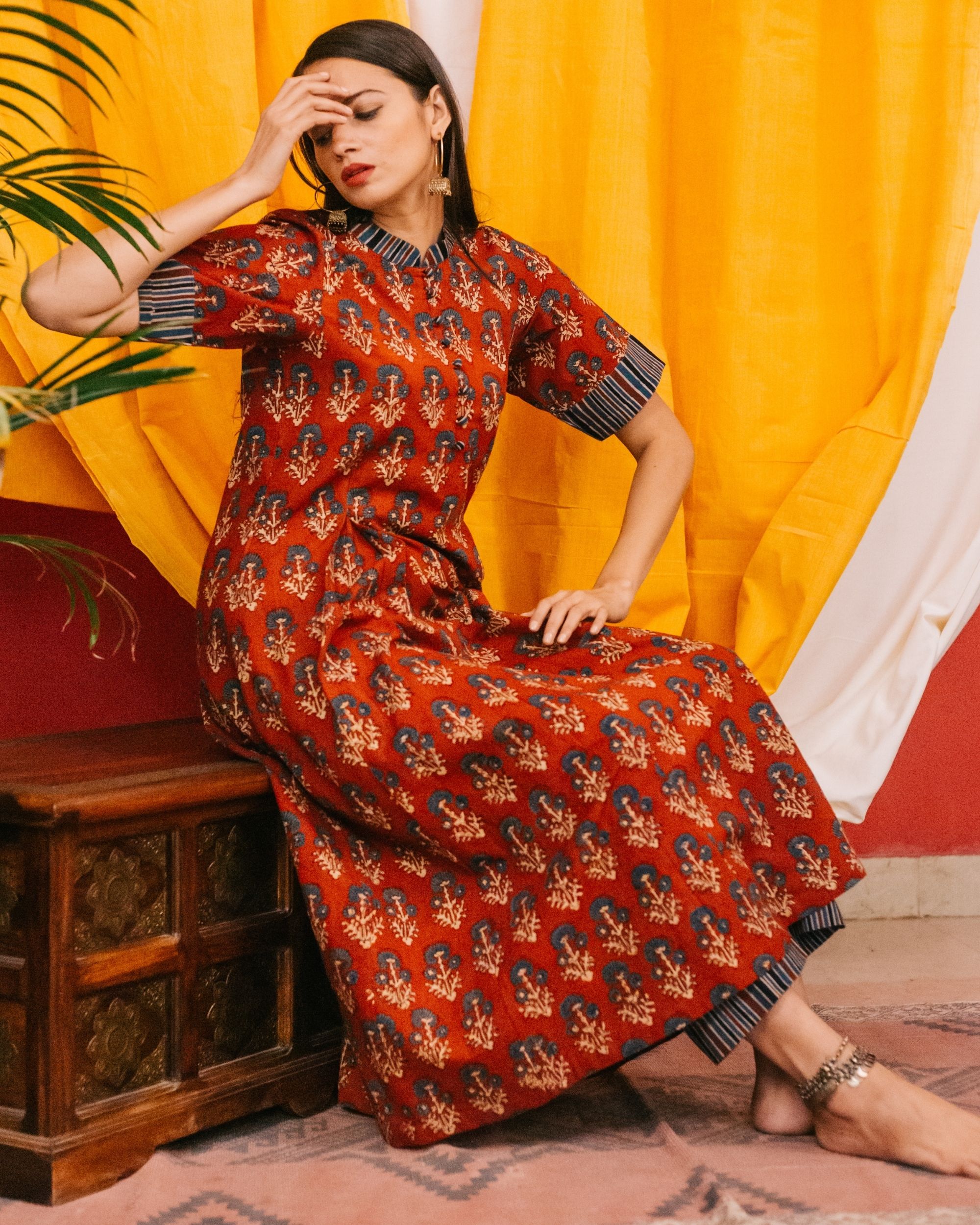 Red floral ajrakh printed kurta by Raasleela | The Secret Label