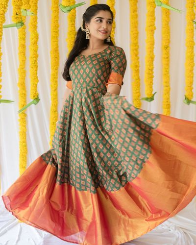 Green ikat flared dress with tissue border by Athira Designs | The ...