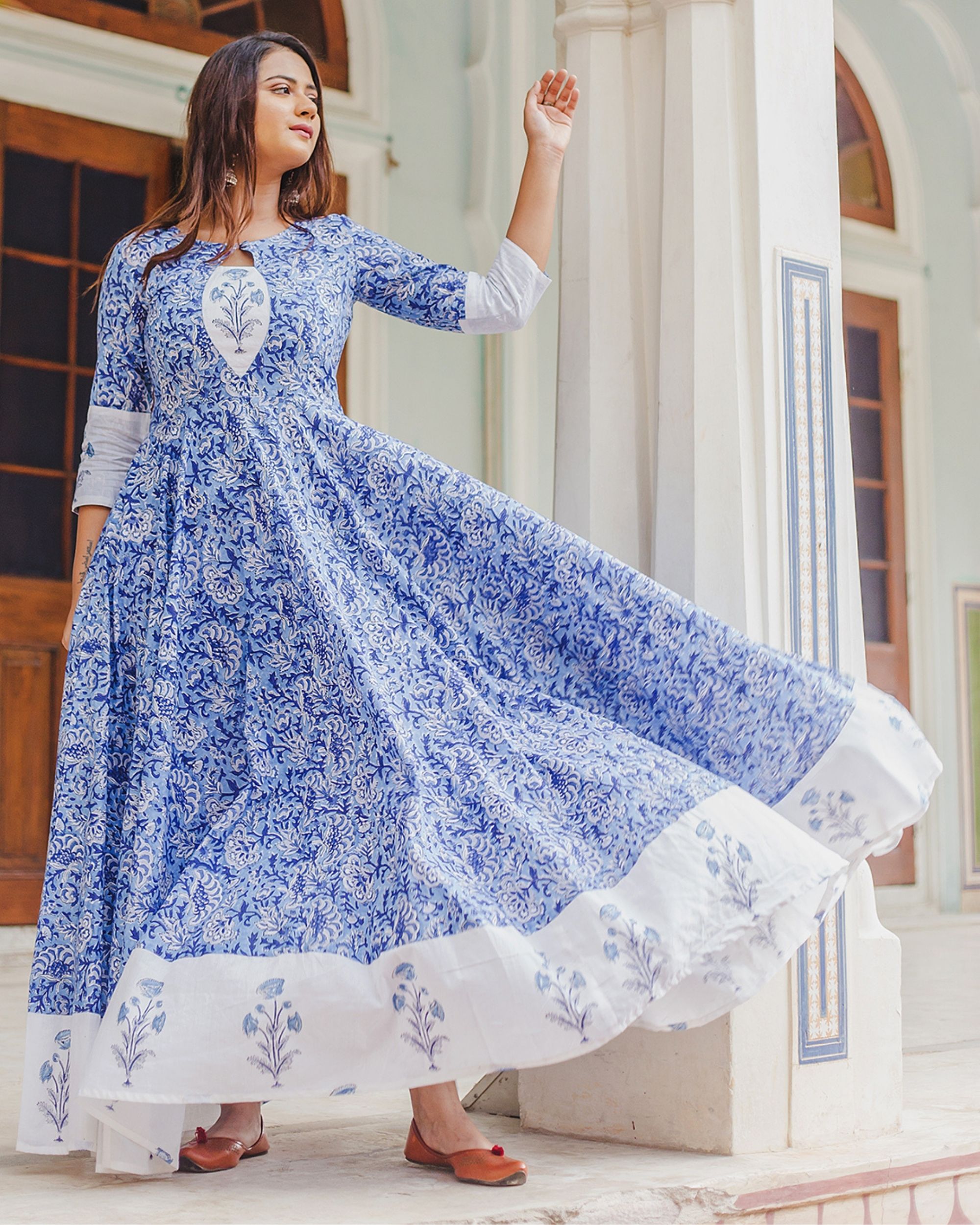 Blue floral flared mughal dress