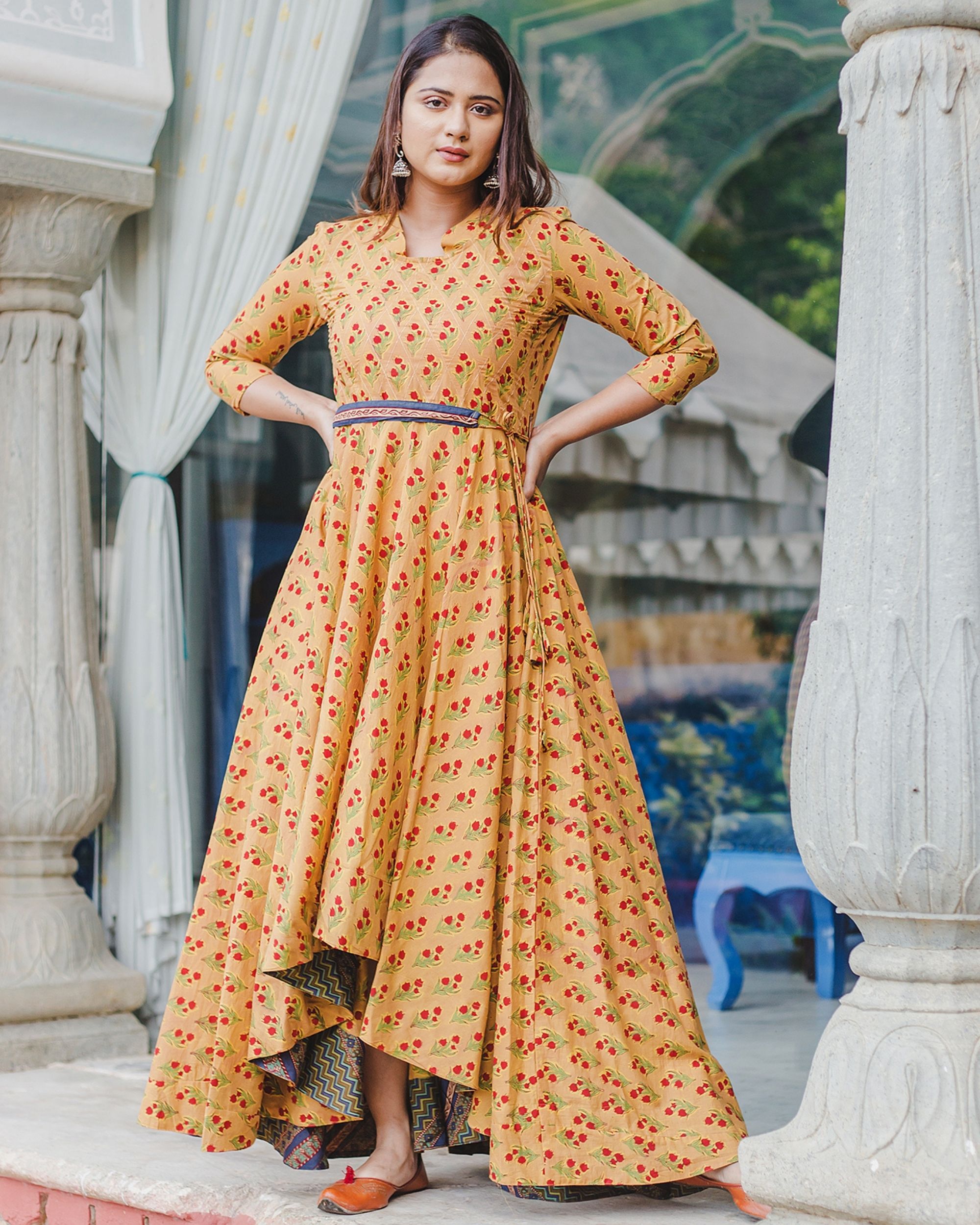 Mustard mughal high low dress