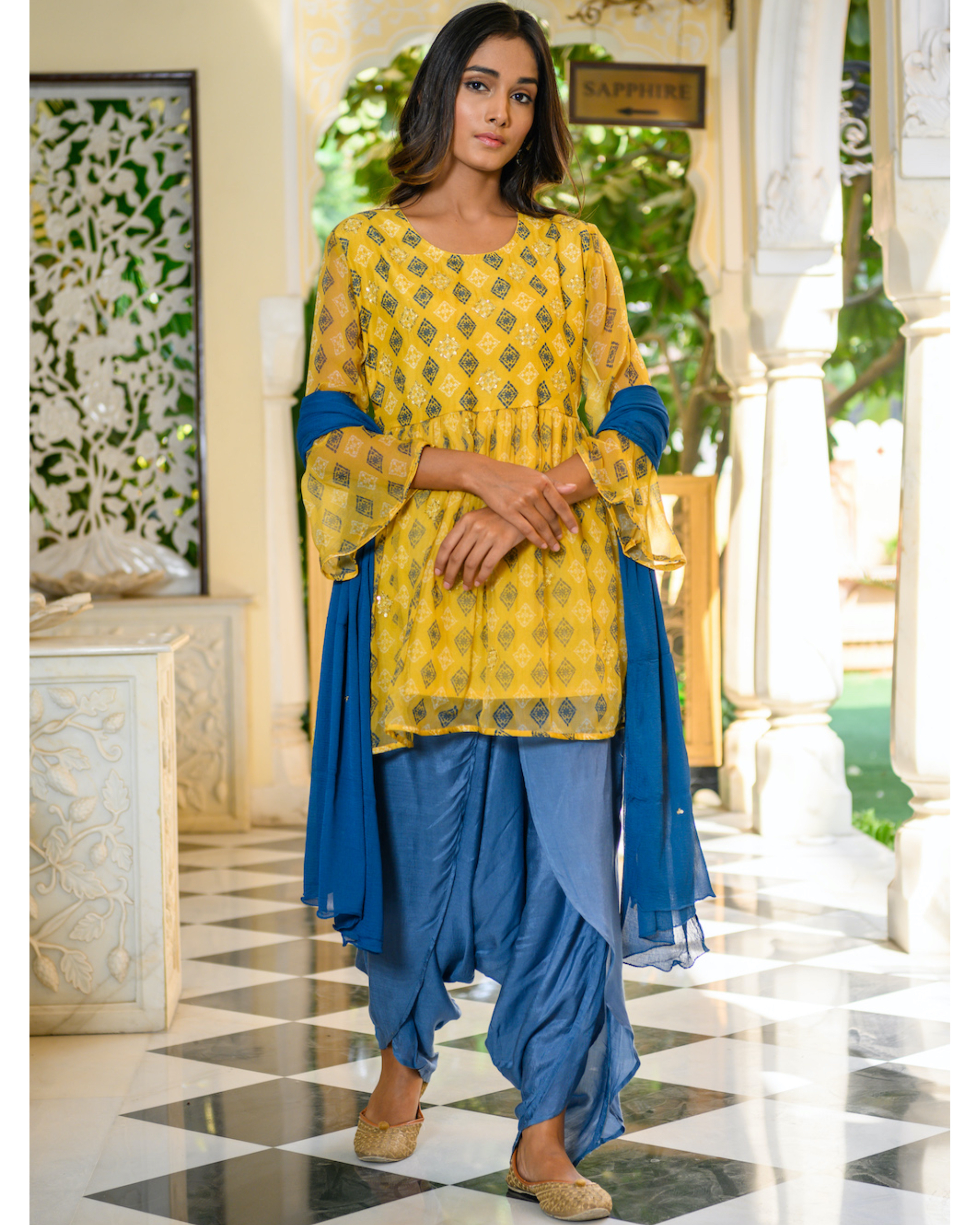 Buy Nikasha Yellow Floral Print Peplum Top With Dhoti Pants And Dupatta  Online  Aza Fashions